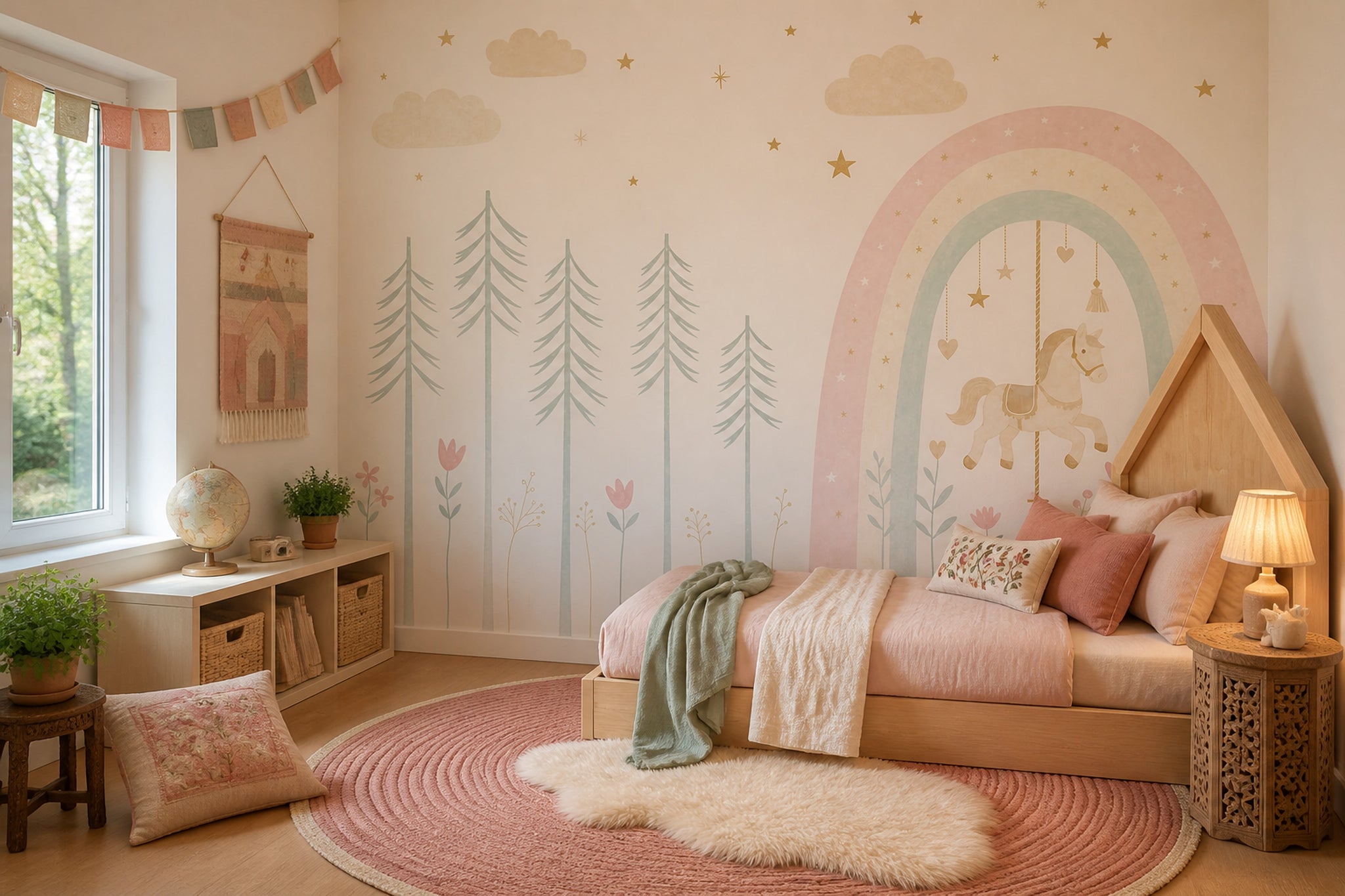 Beige Clouds Wallpaper Pastel Sky Rainbow Removable Wall Decor
