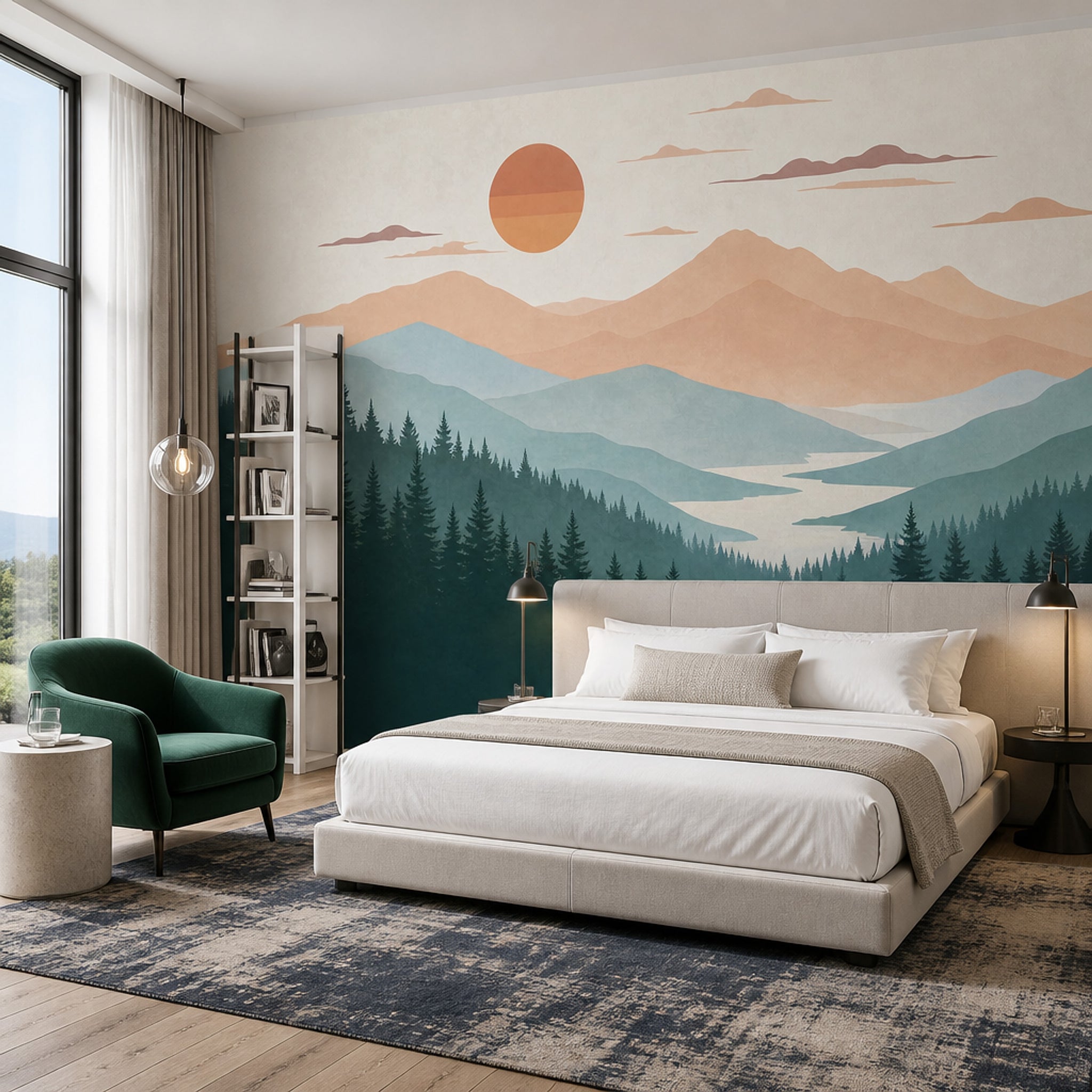 Watercolor Texture Wallpaper Mountain Landscape Sunset Removable Wall Decor