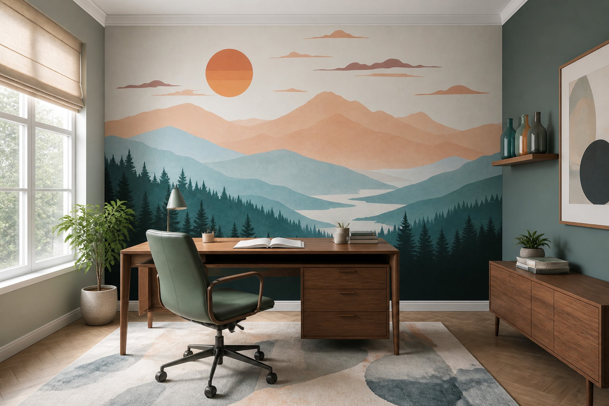 Watercolor Texture Wallpaper Mountain Landscape Sunset Removable Wall Decor