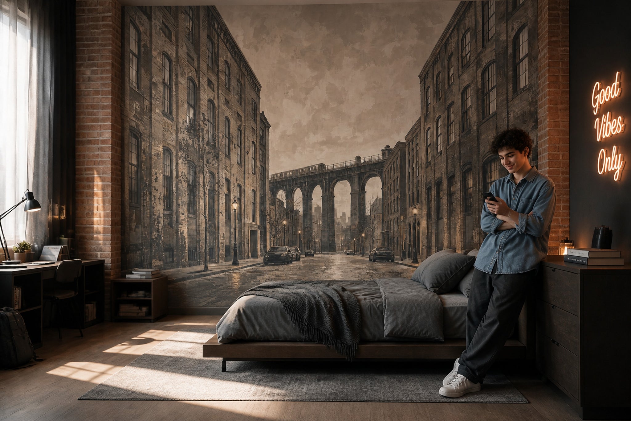 Industrial Cityscape Wallpaper Vintage Urban Brick Buildings Wall Mural