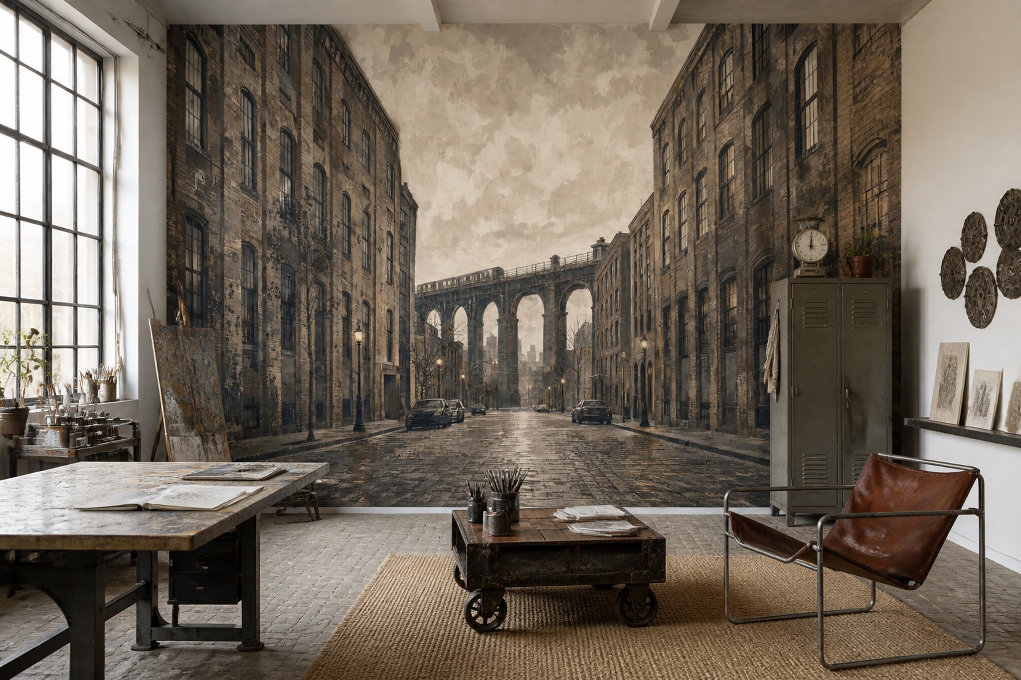 Industrial Cityscape Wallpaper Vintage Urban Brick Buildings Wall Mural