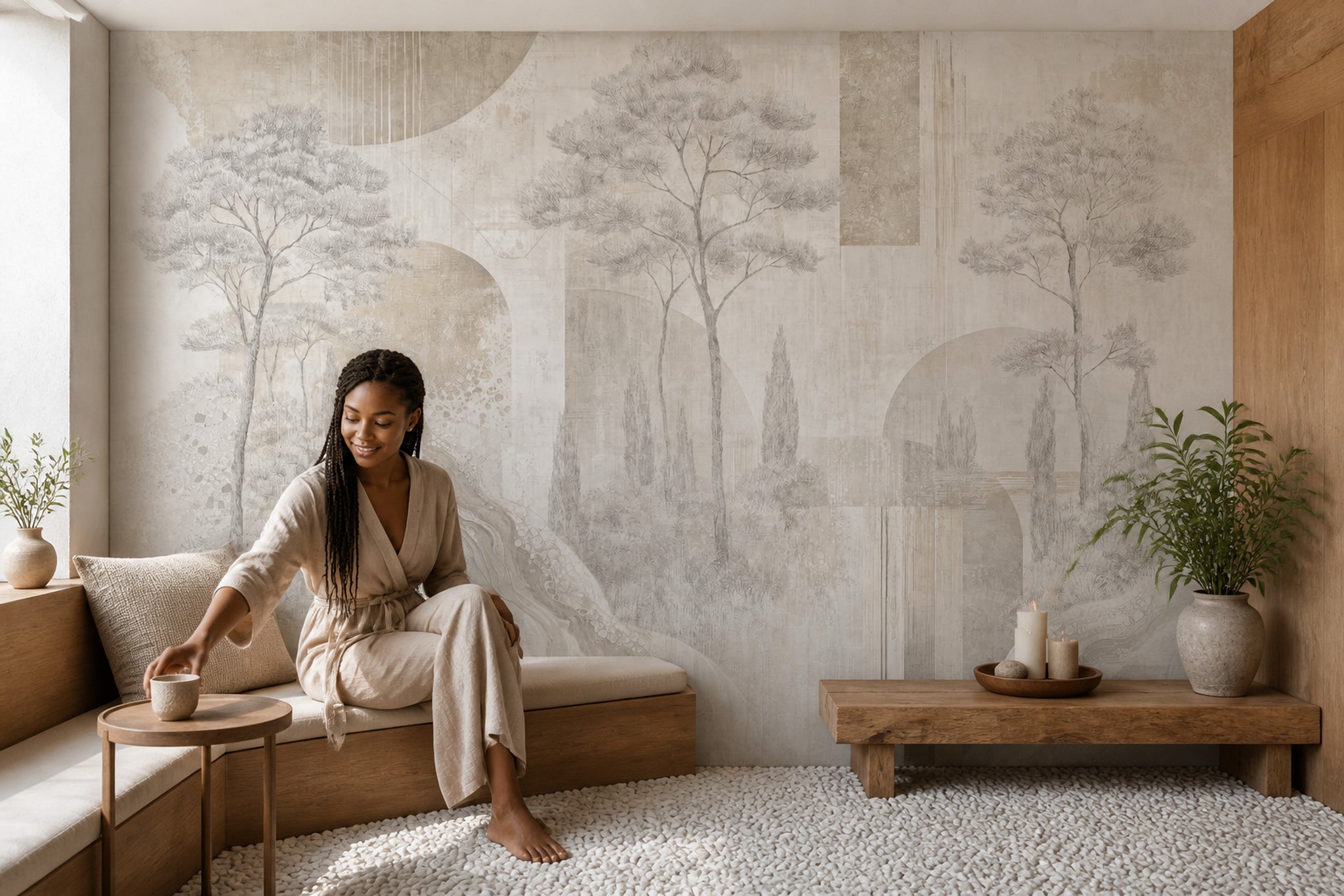 Mediterranean Landscape Wallpaper Tuscan Trees Textured Plaster Wall Mural