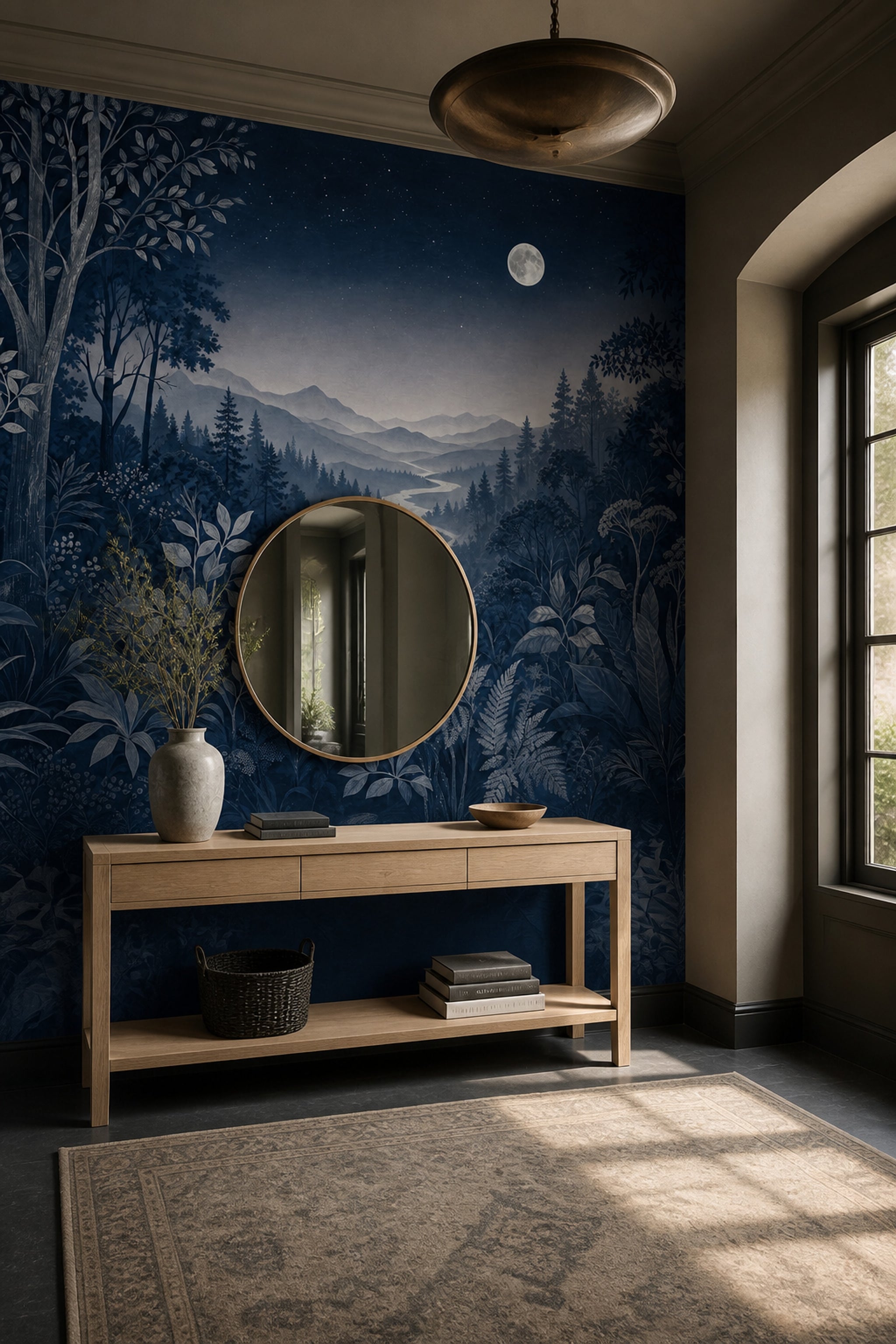Moonlit Forest Wallpaper Night Landscape Removable Navy Botanical Wall Decor