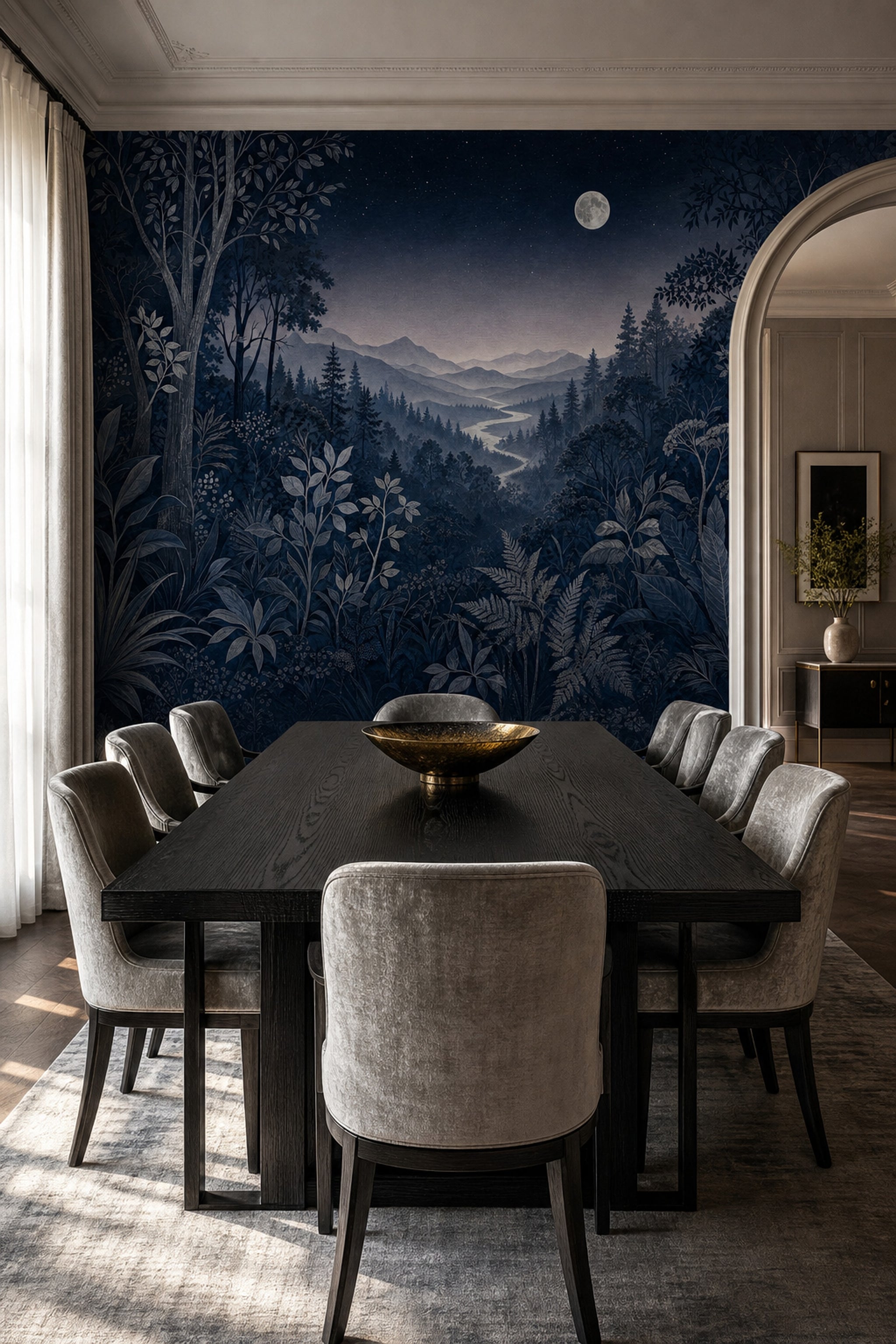 Moonlit Forest Wallpaper Night Landscape Removable Navy Botanical Wall Decor