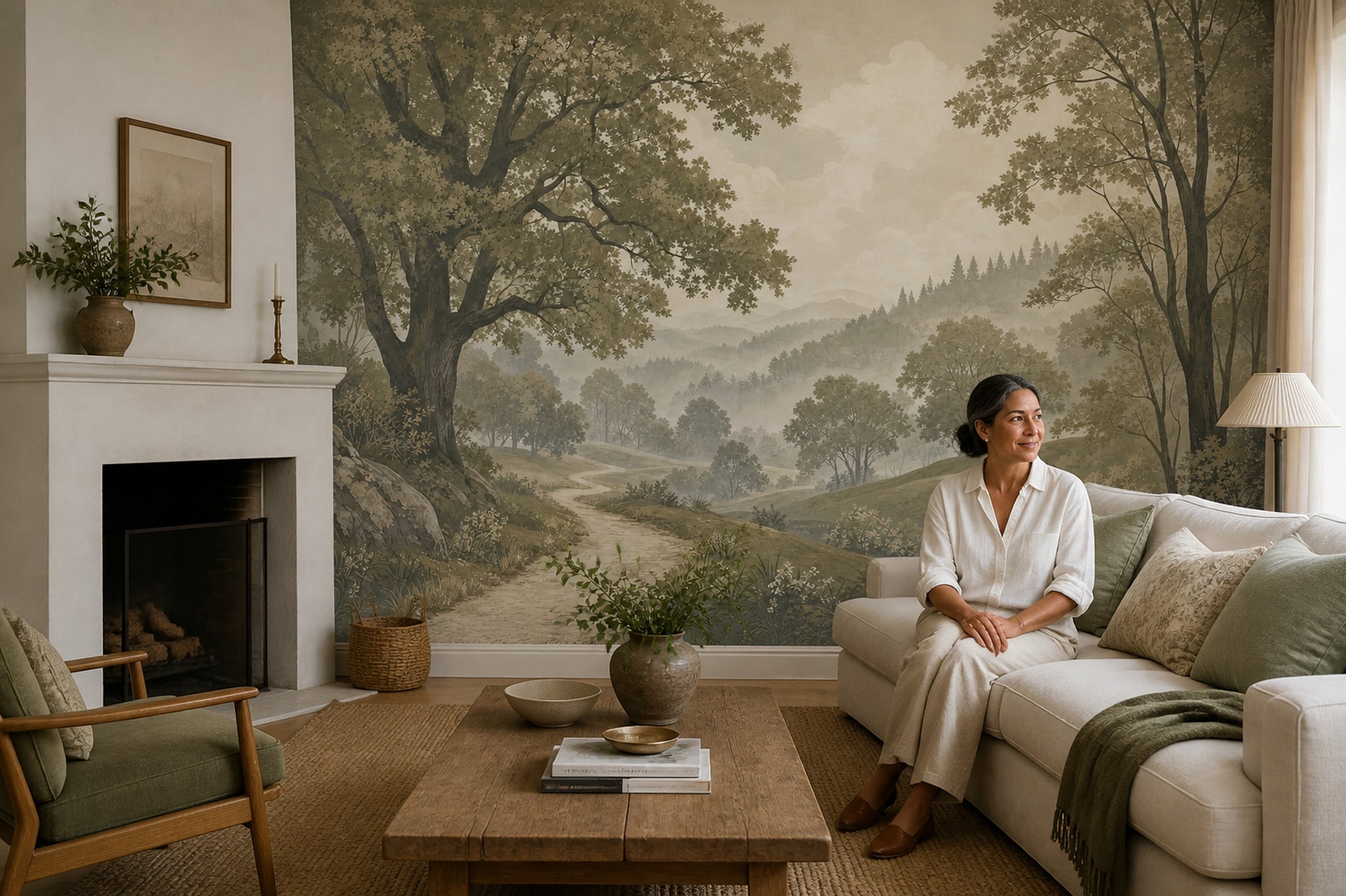 Misty Forest Wallpaper Scenic Landscape Forest Sage Green Removable Wall Decor
