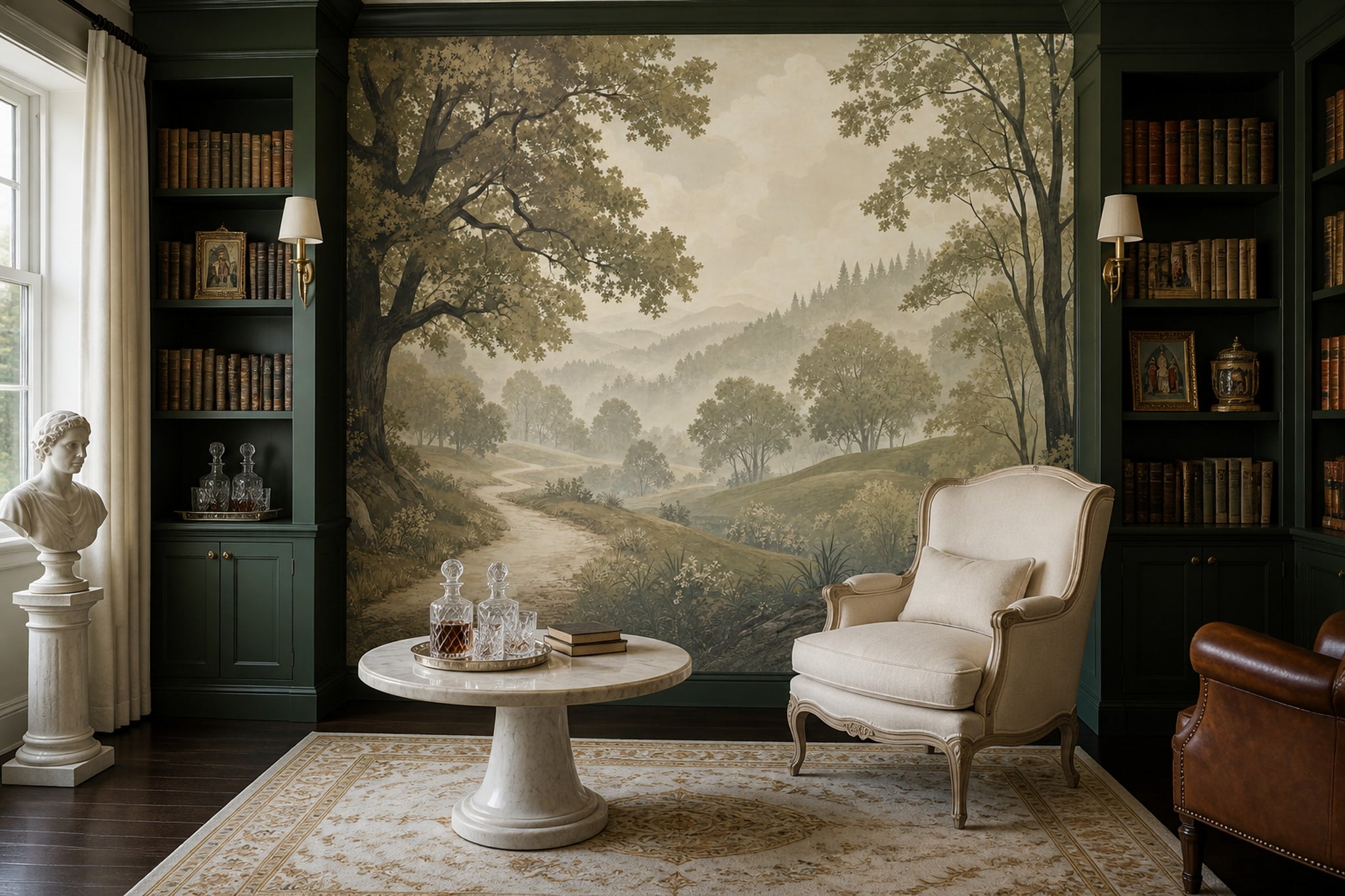 Misty Forest Wallpaper Scenic Landscape Forest Sage Green Removable Wall Decor