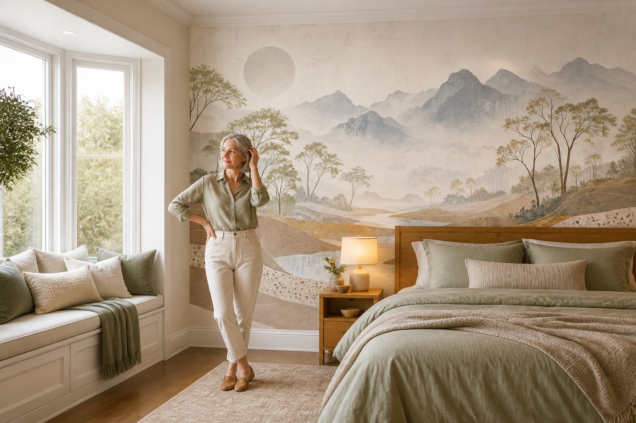 Misty Mountains Wallpaper River Landscape Removable Slender Trees Wall Decor