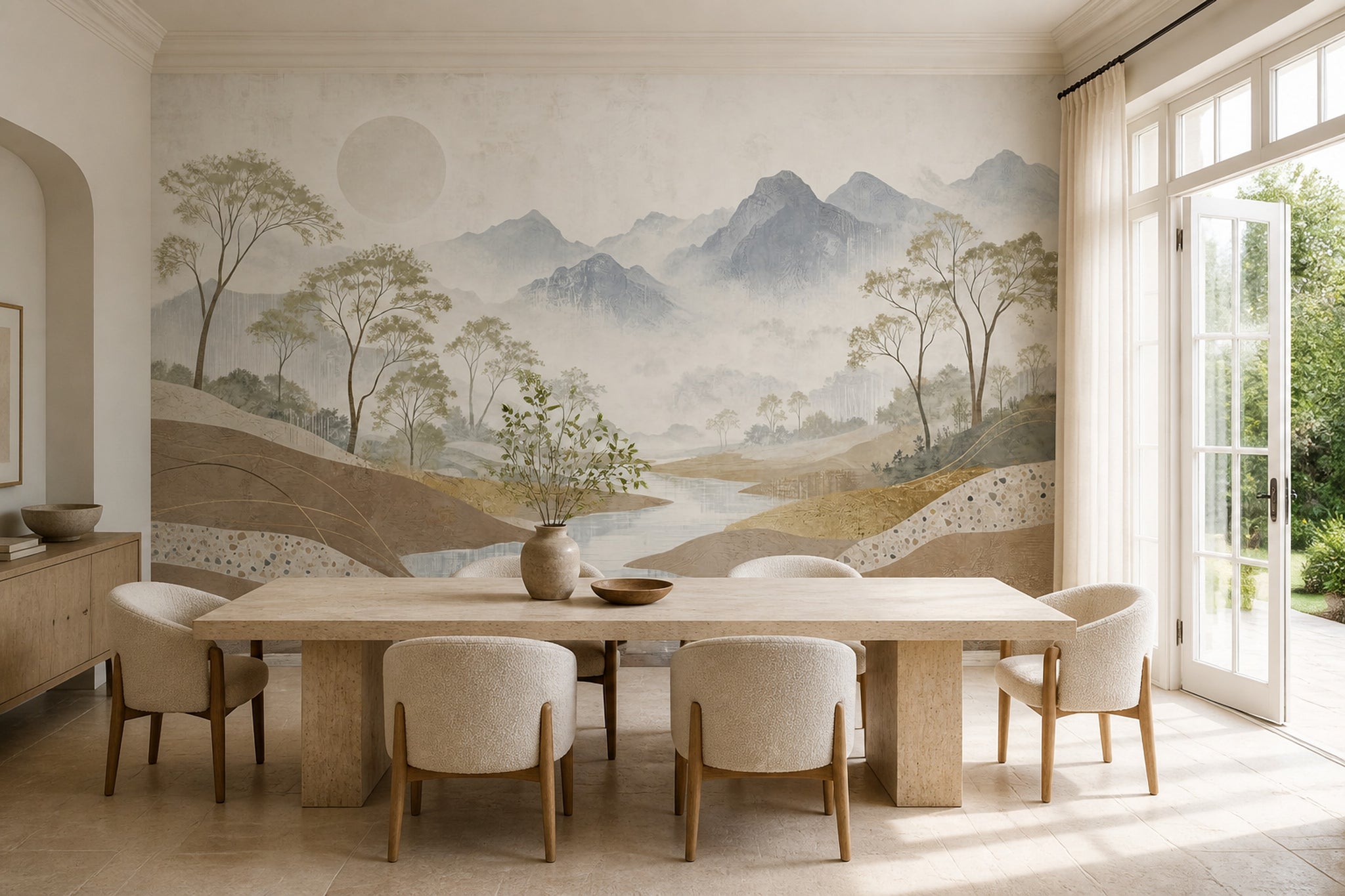 Misty Mountains Wallpaper River Landscape Removable Slender Trees Wall Decor