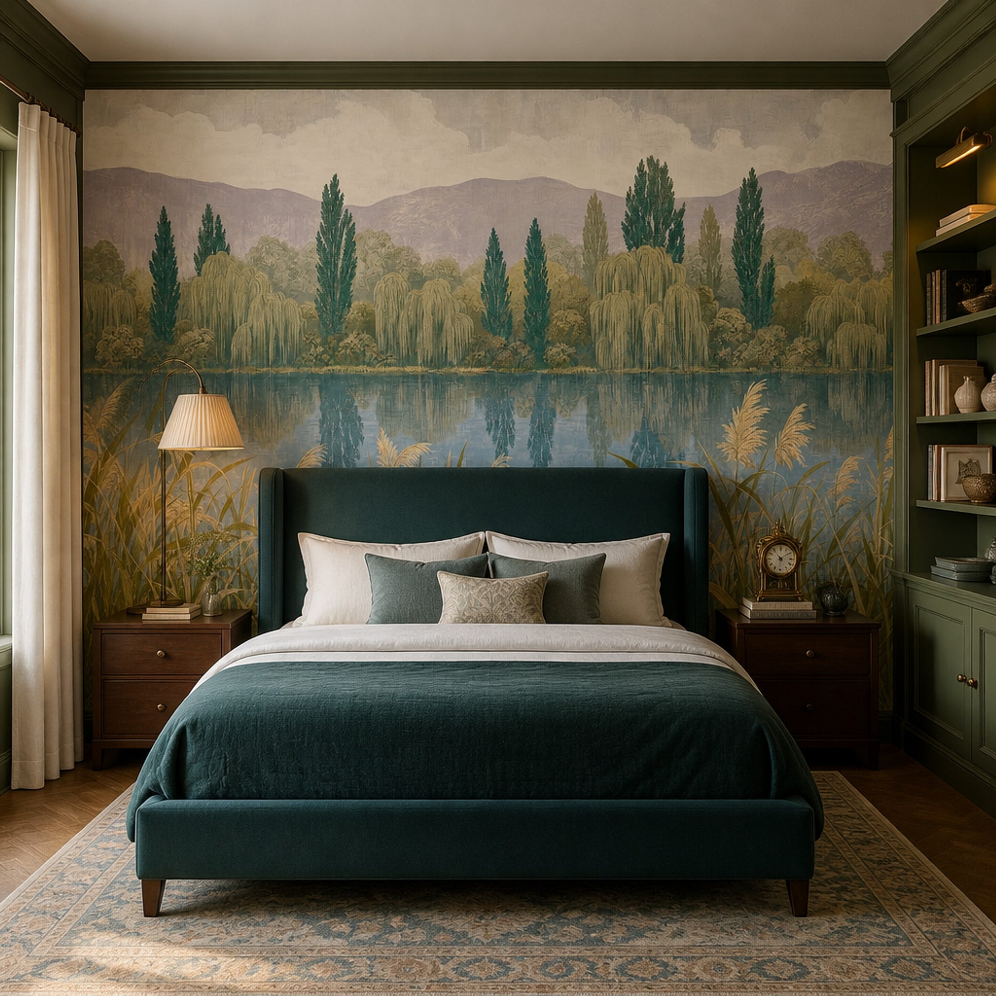 Lakeside Landscape Wallpaper Reeds Removable Mountains Wall Decor