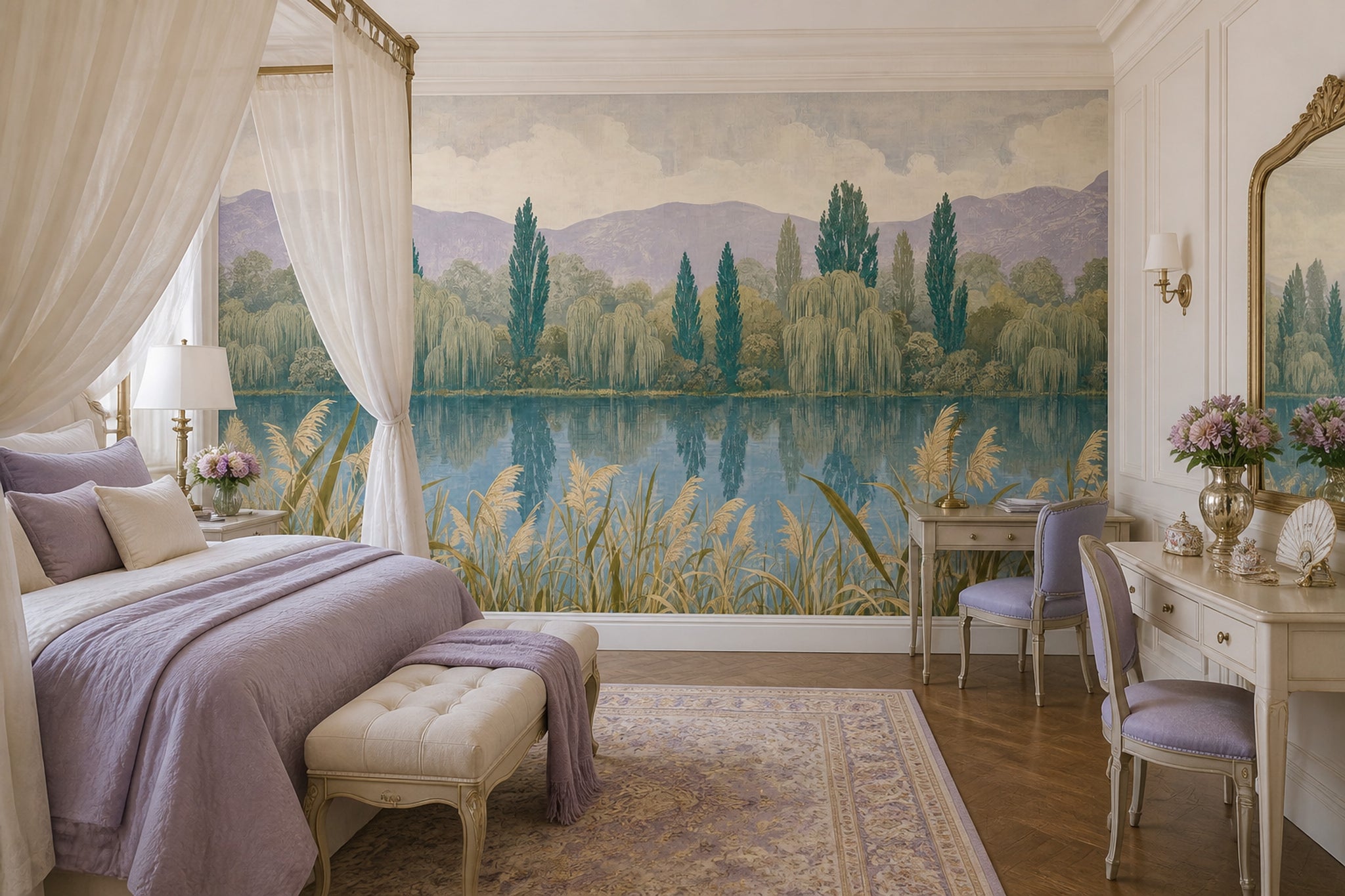 Lakeside Landscape Wallpaper Reeds Removable Mountains Wall Decor