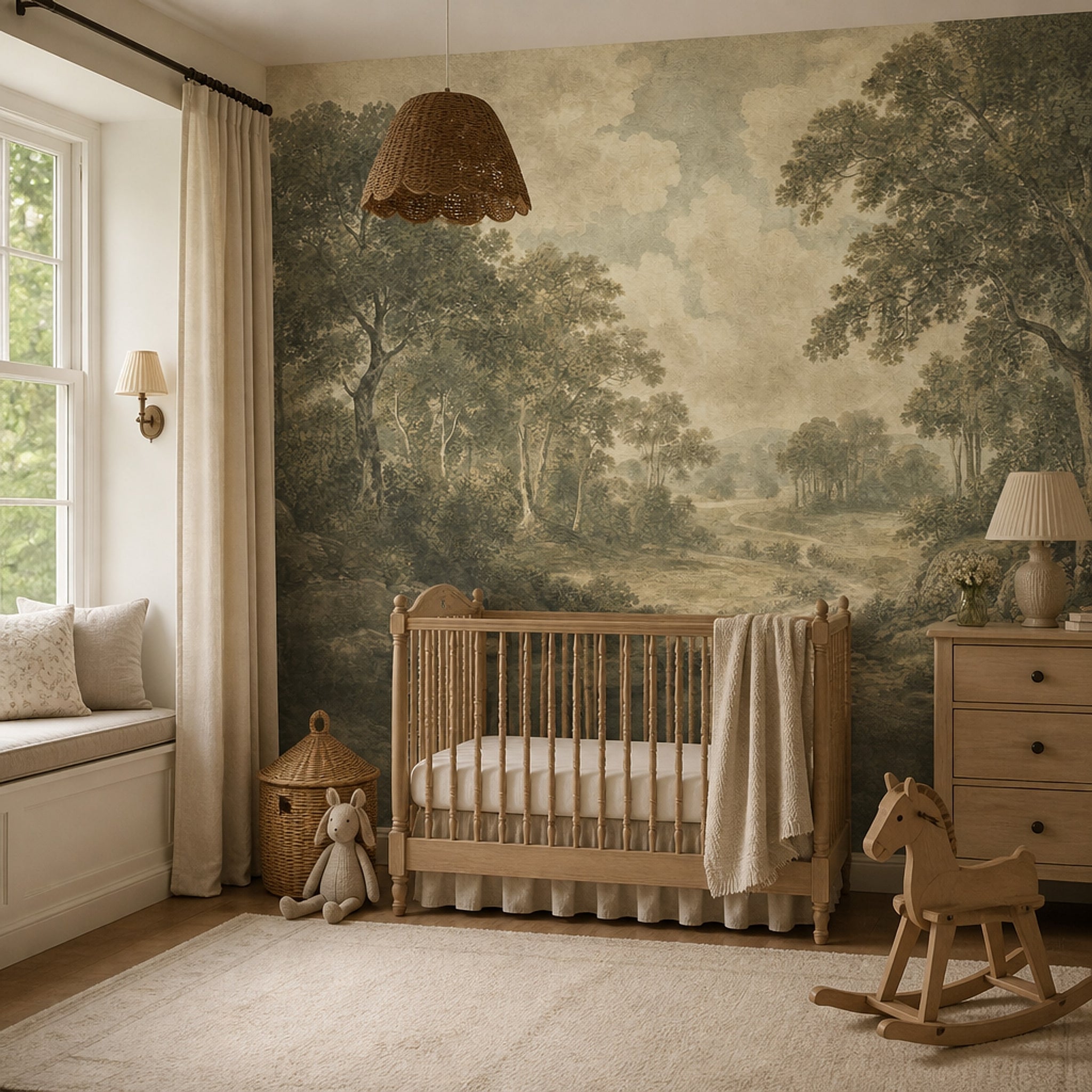 Muted Green Wallpaper Scenic Landscape Removable Wall Decor