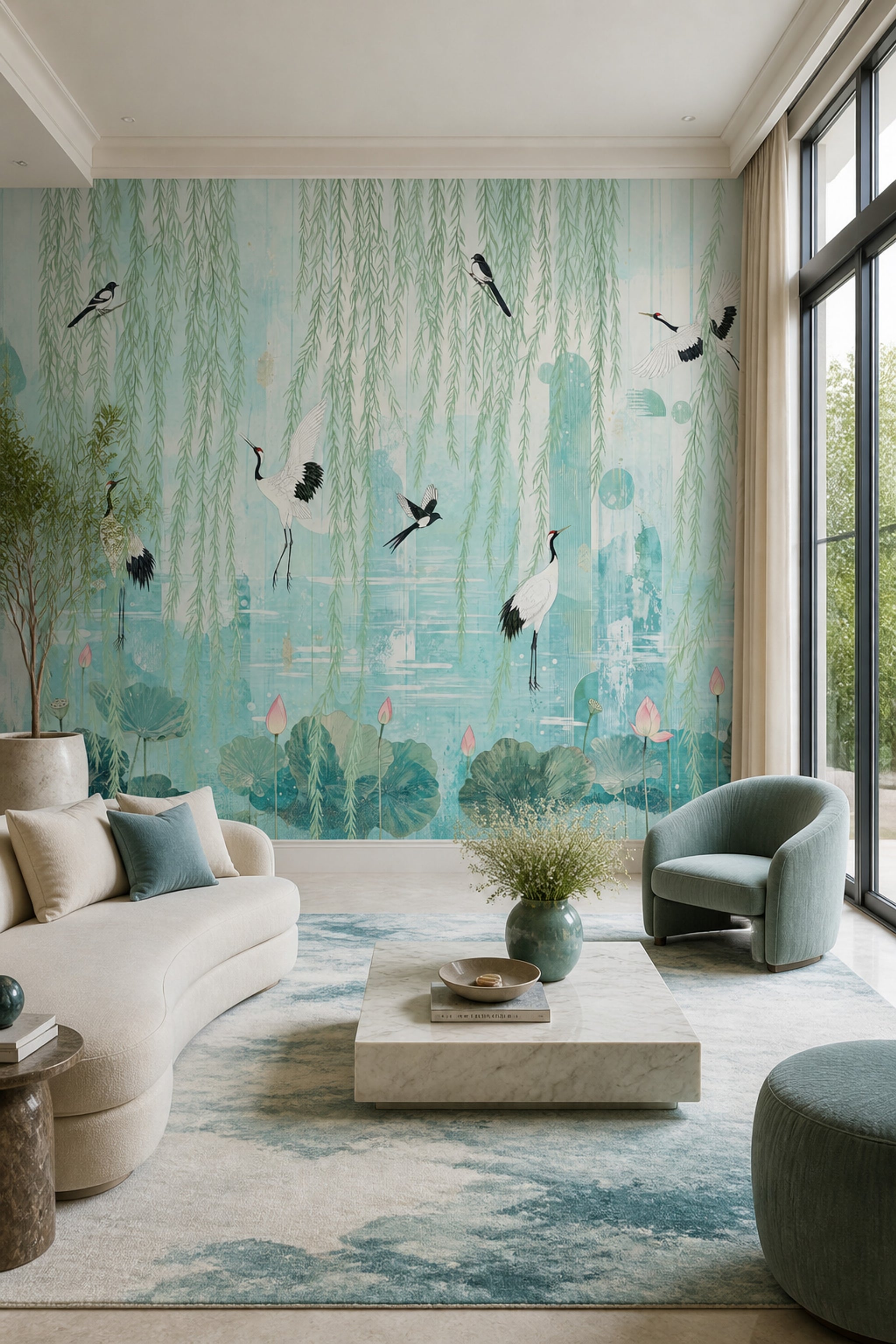 Muted Green Wallpaper Pastel Botanical Chinoiserie Wall Mural