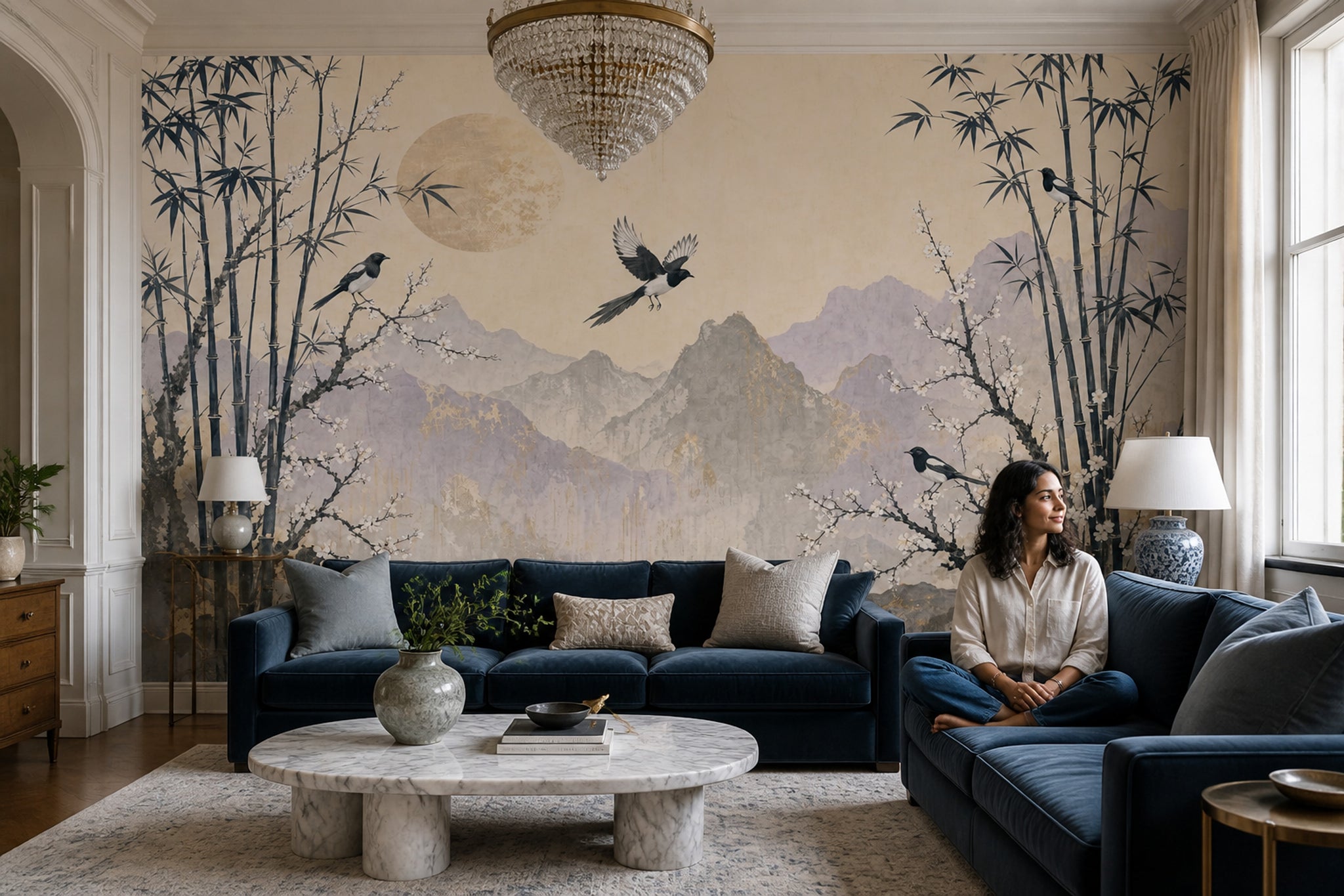Chinoiserie Wallpaper Bamboo Removable Asian Landscape Wall Decor