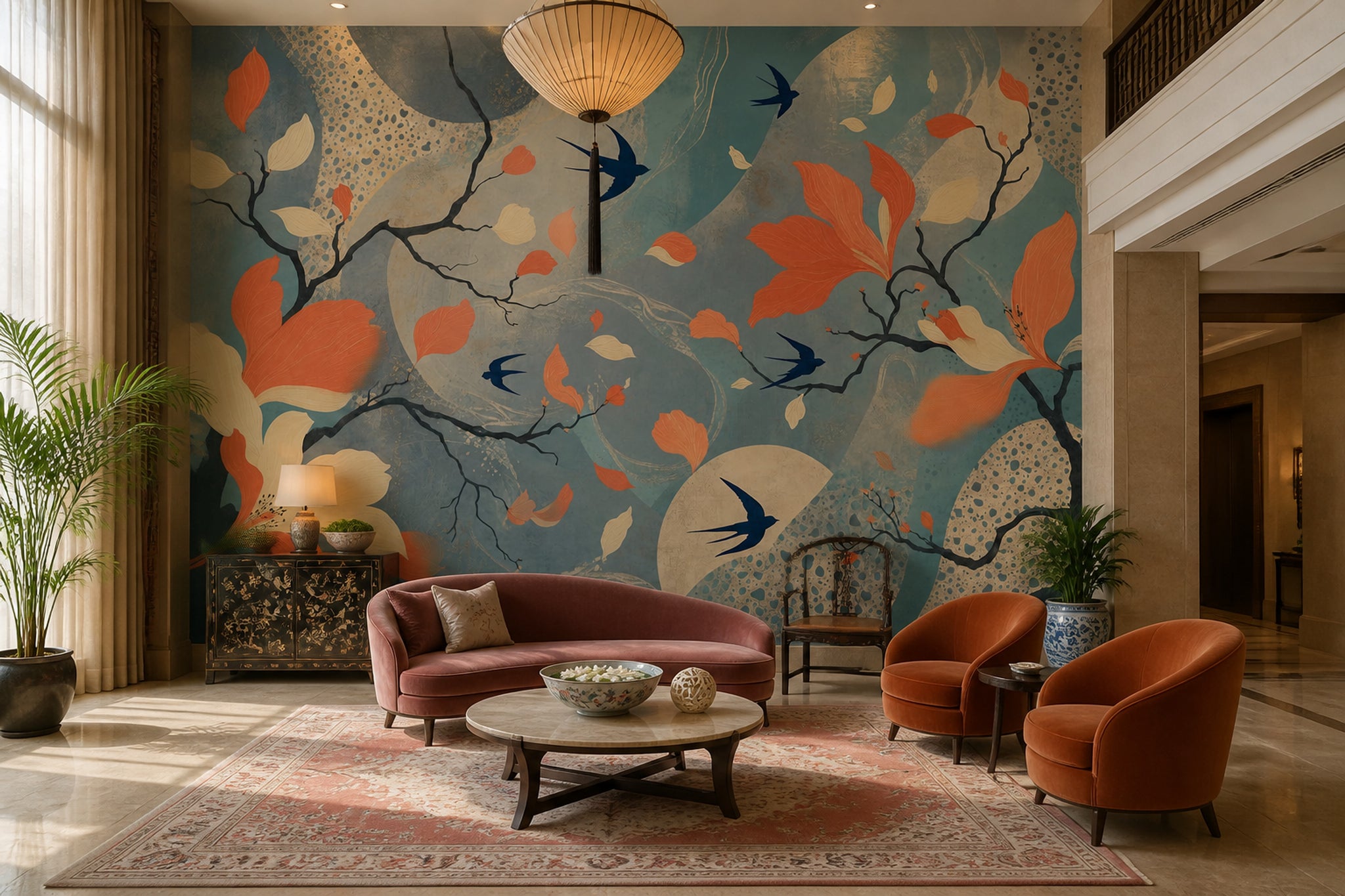 Floral Wallpaper Abstract Birds Removable Wall Decor