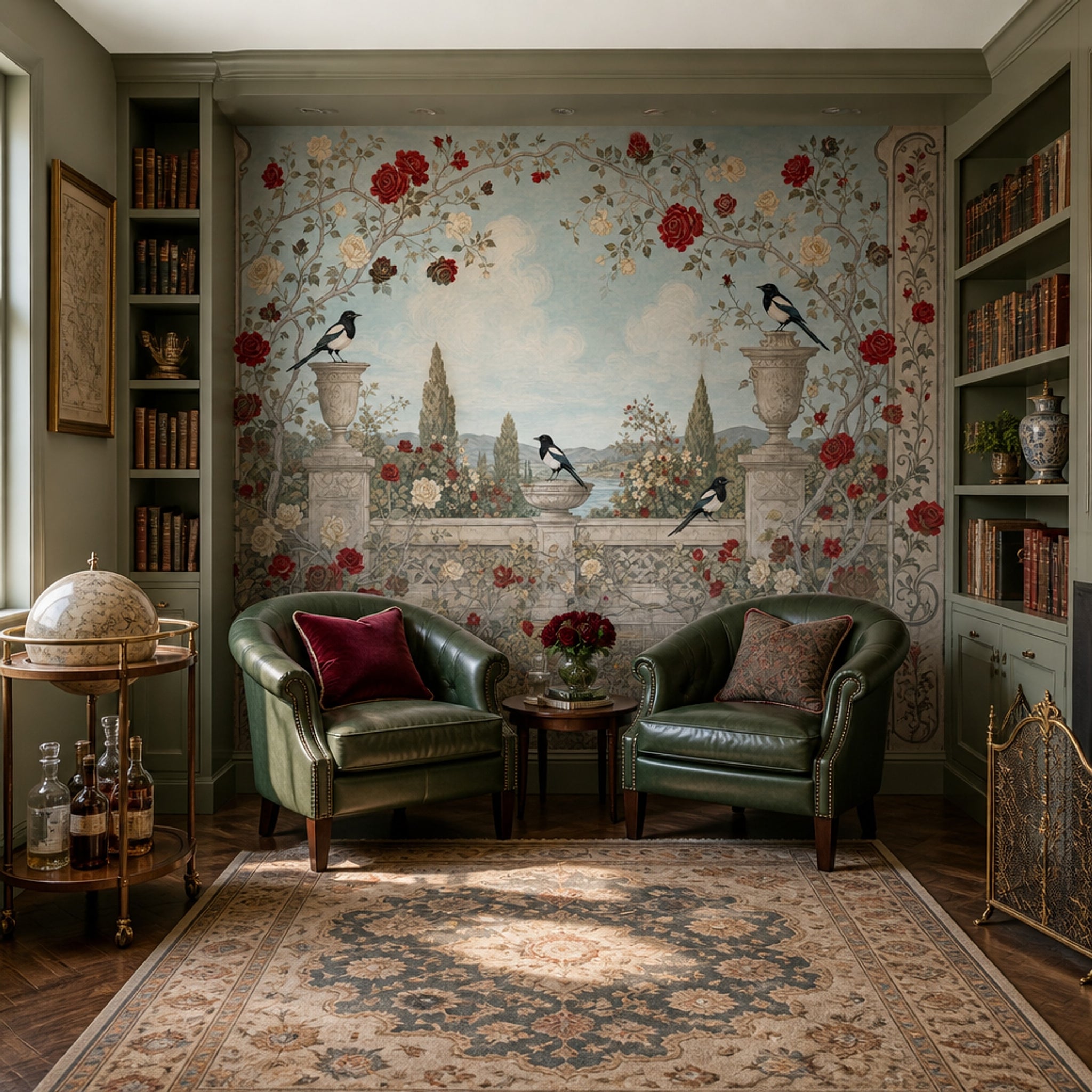 Muted Green Wallpaper Rose Garden Removable Magpie Wall Decor