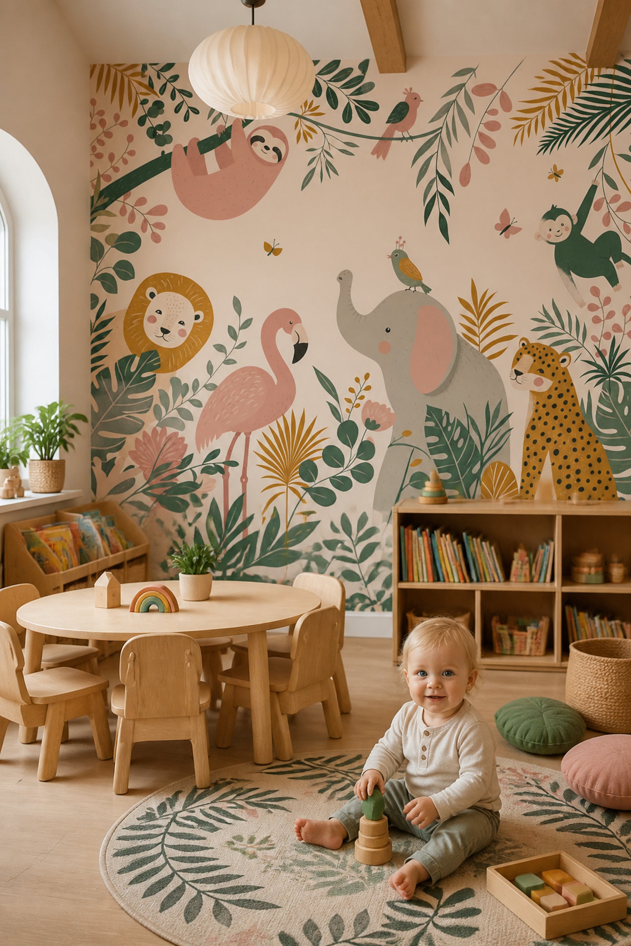 Nursery Wallpaper Tropical Jungle Removable Safari Animals Wall Decor