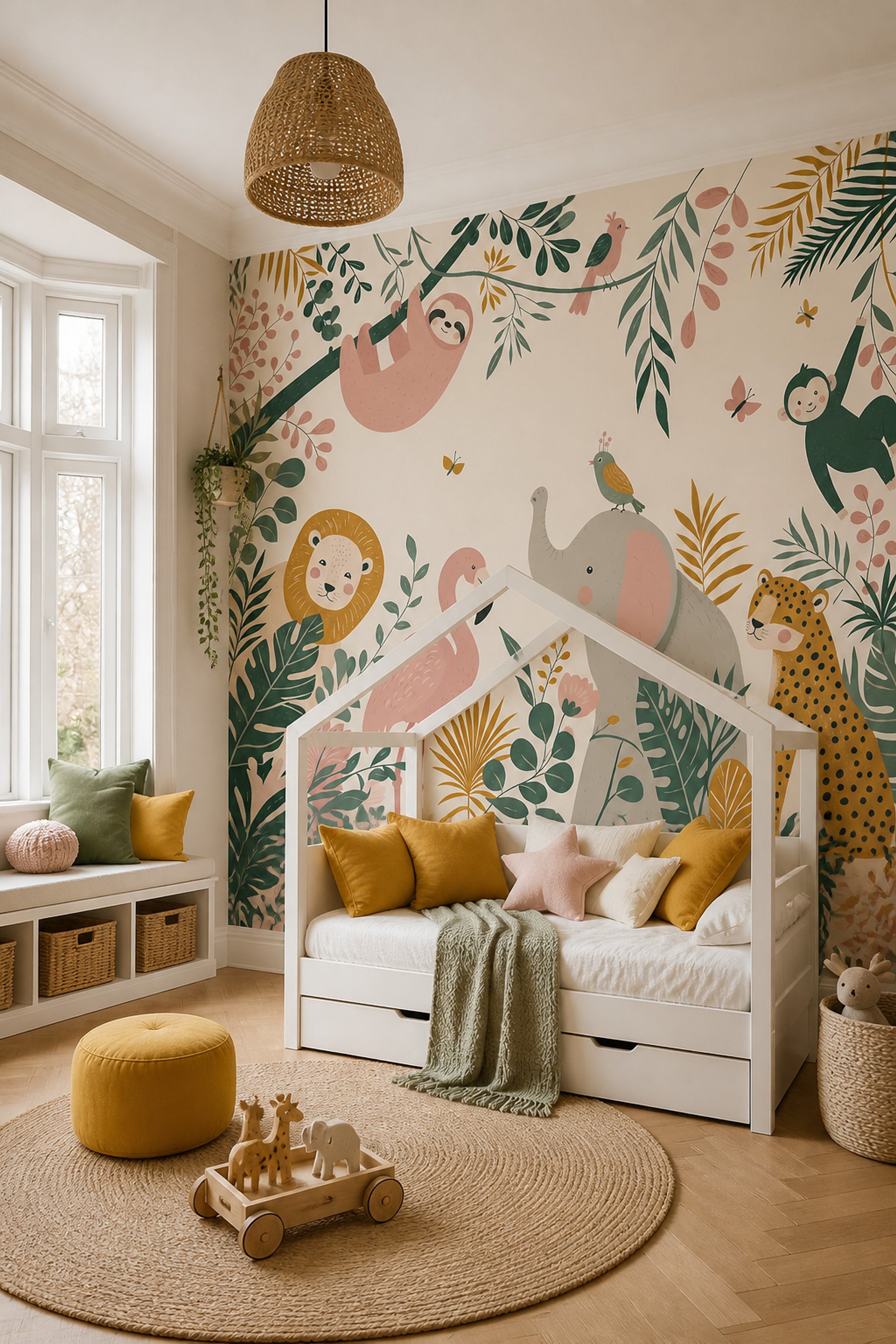 Nursery Wallpaper Tropical Jungle Removable Safari Animals Wall Decor