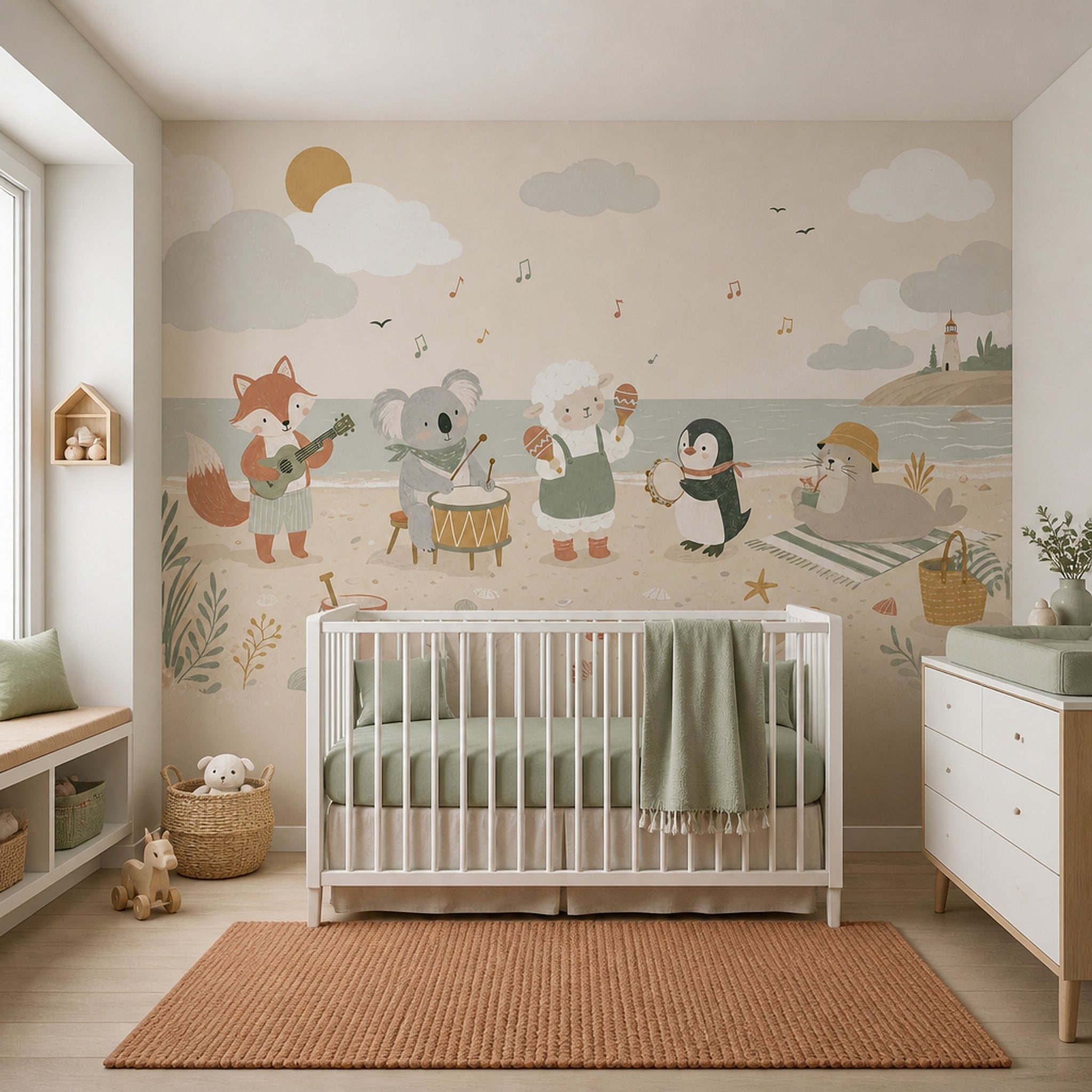 Coastal Wallpaper Cute Animals Removable Music Wall Decor