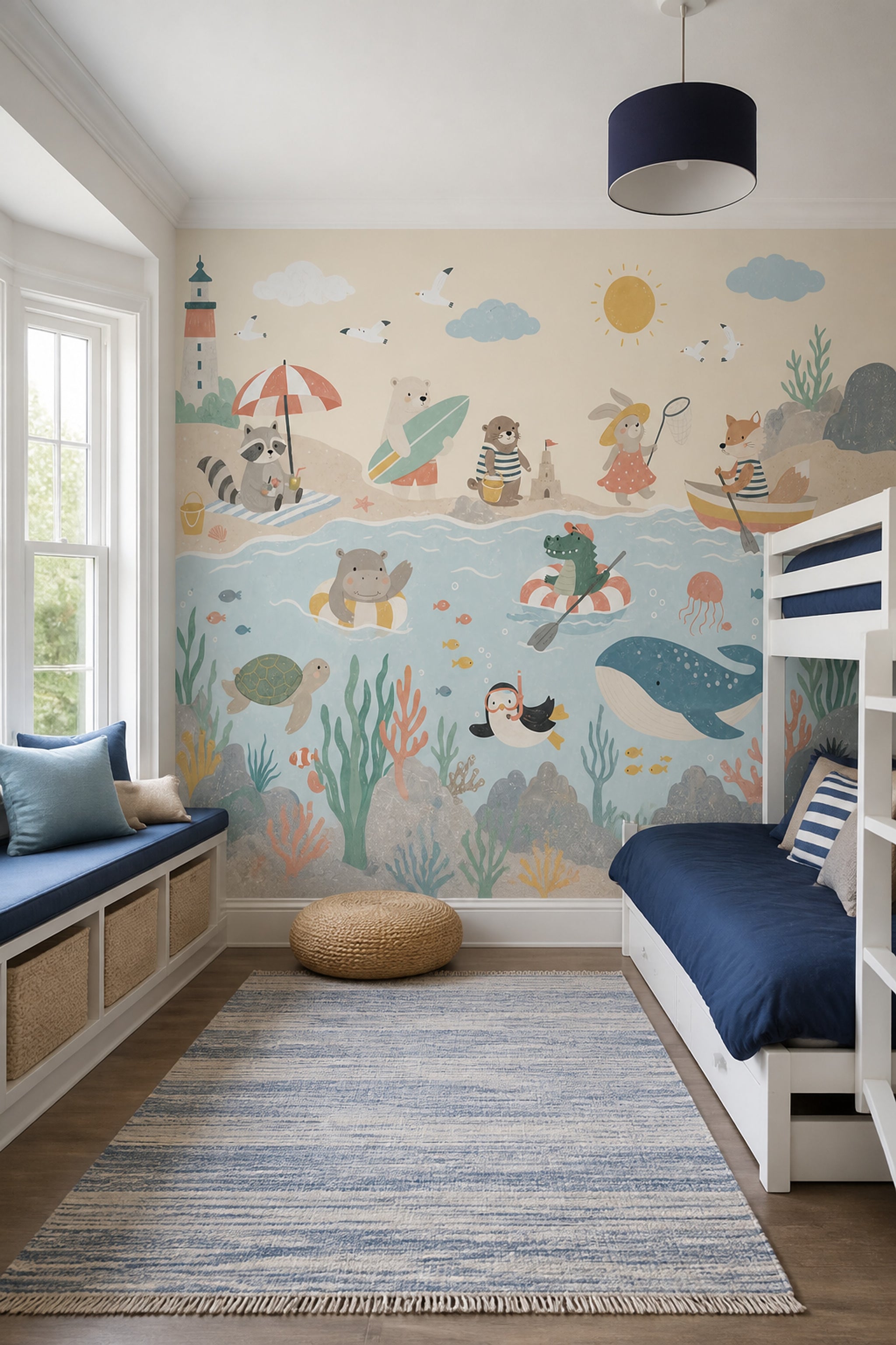 Childrens Wallpaper Coastal Removable Underwater Animals Wall Decor