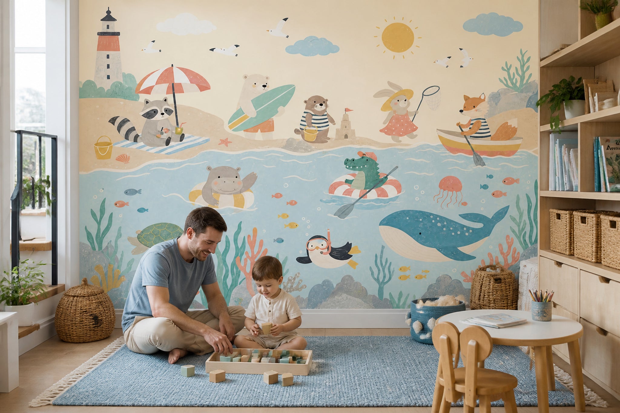 Childrens Wallpaper Coastal Removable Underwater Animals Wall Decor