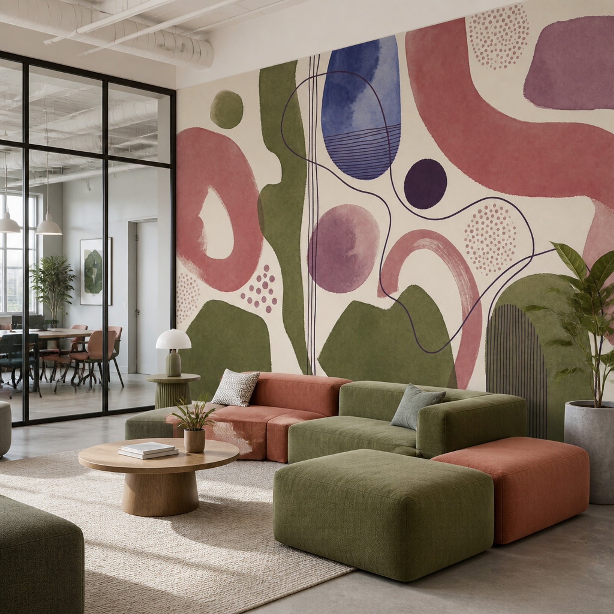 Organic Shapes Wallpaper Watercolor Modern Linework Wall Mural