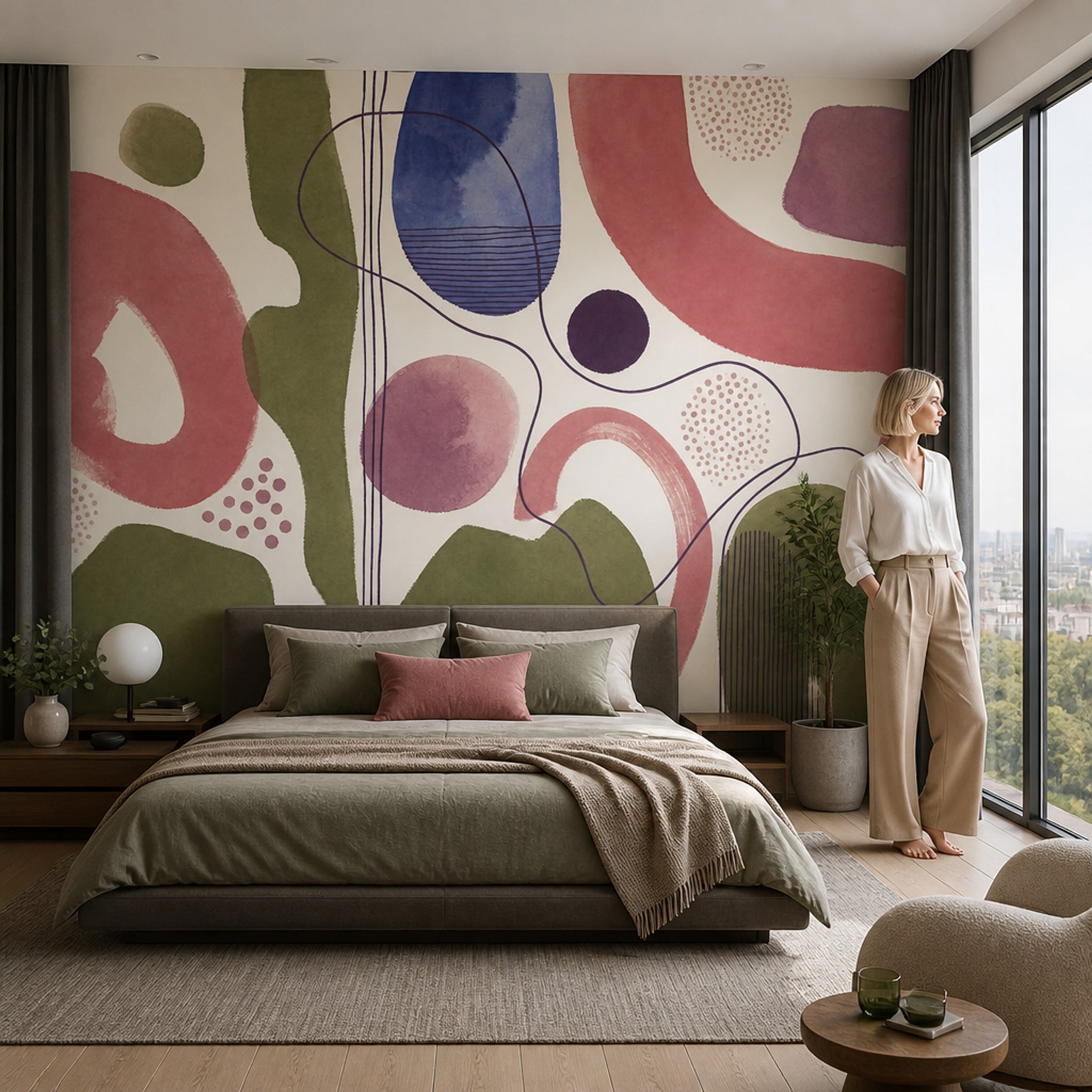 Organic Shapes Wallpaper Watercolor Modern Linework Wall Mural