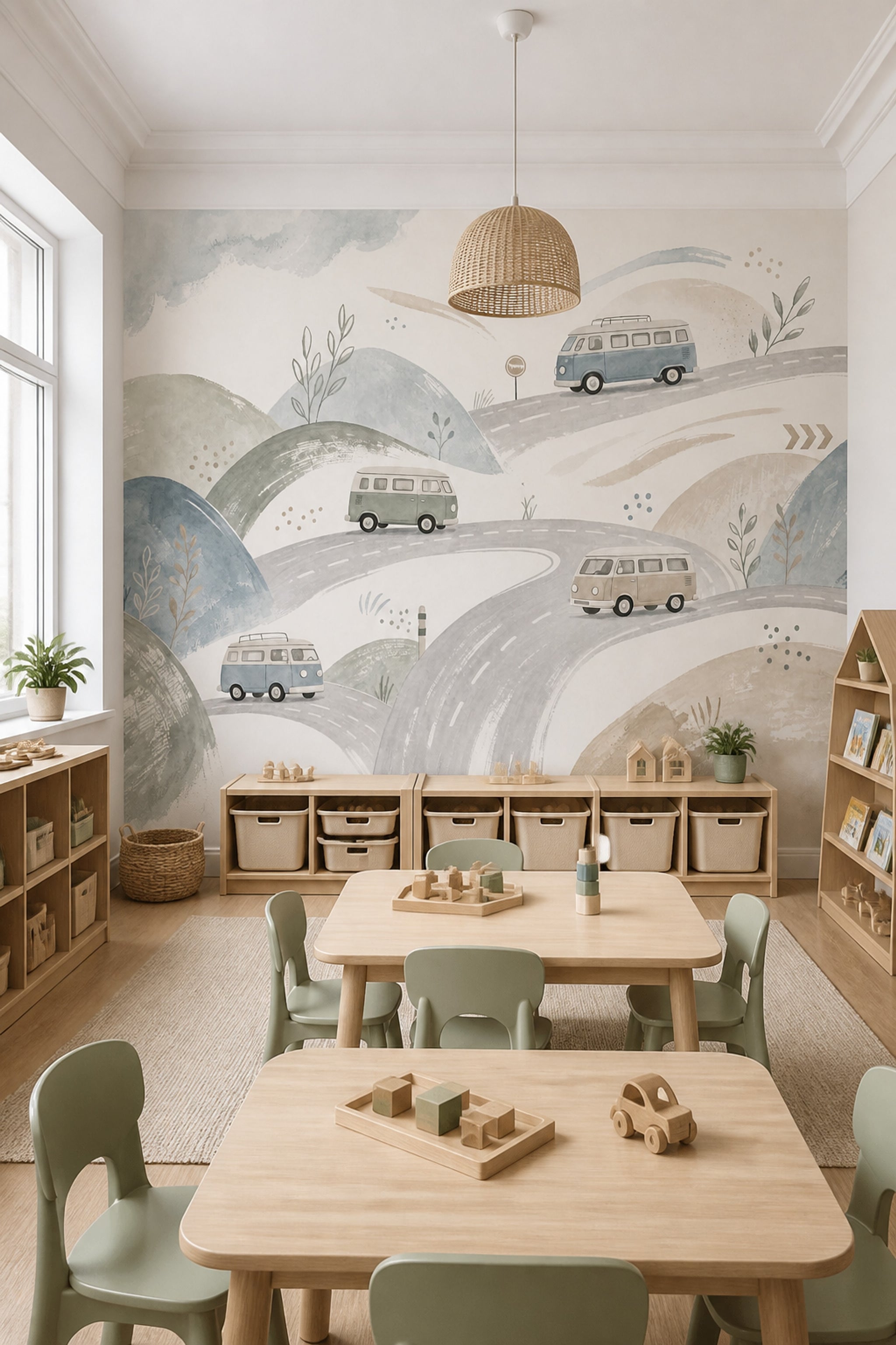 Watercolor Landscape Wallpaper Camper Vans Scandinavian Style Wall Mural