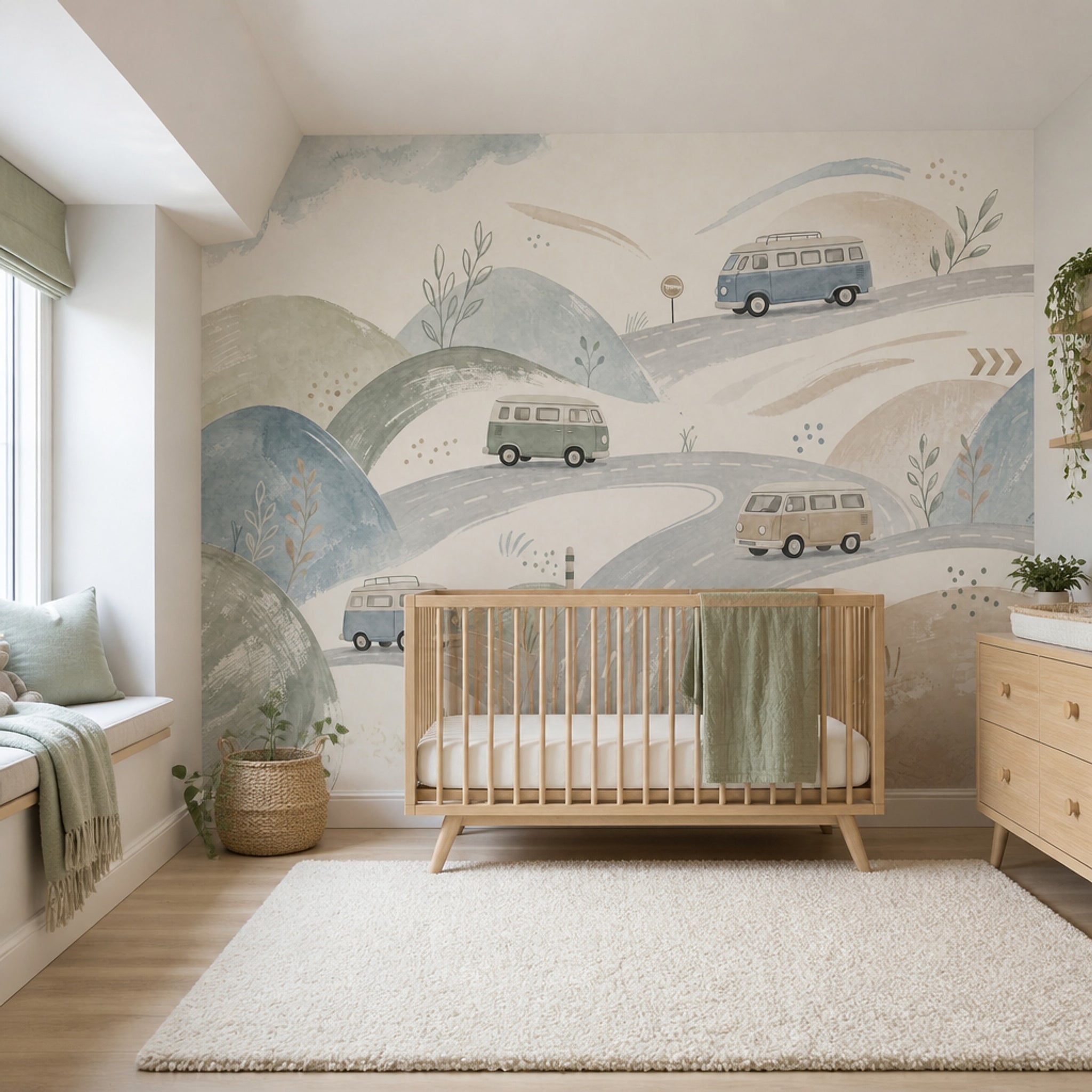 Watercolor Landscape Wallpaper Camper Vans Scandinavian Style Wall Mural