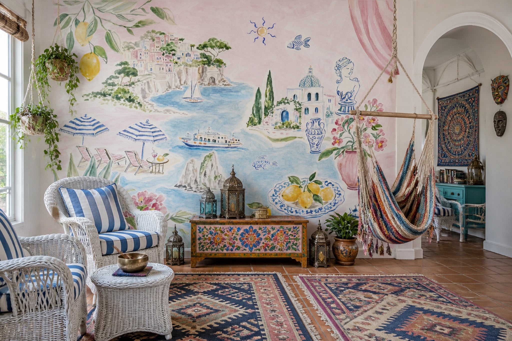 Mediterranean Wallpaper Coastal Removable Watercolor Wall Decor