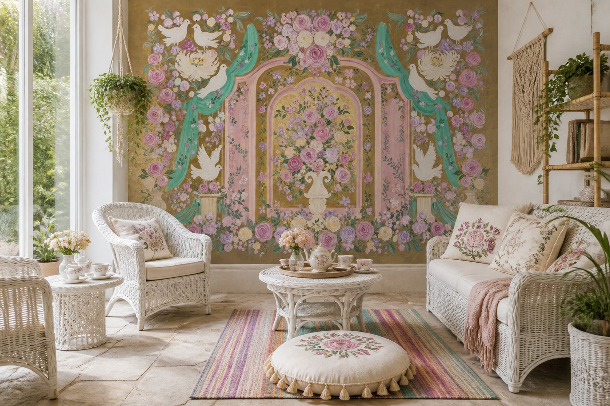White Doves Wallpaper Pink Roses Ornate Arches Wall Mural