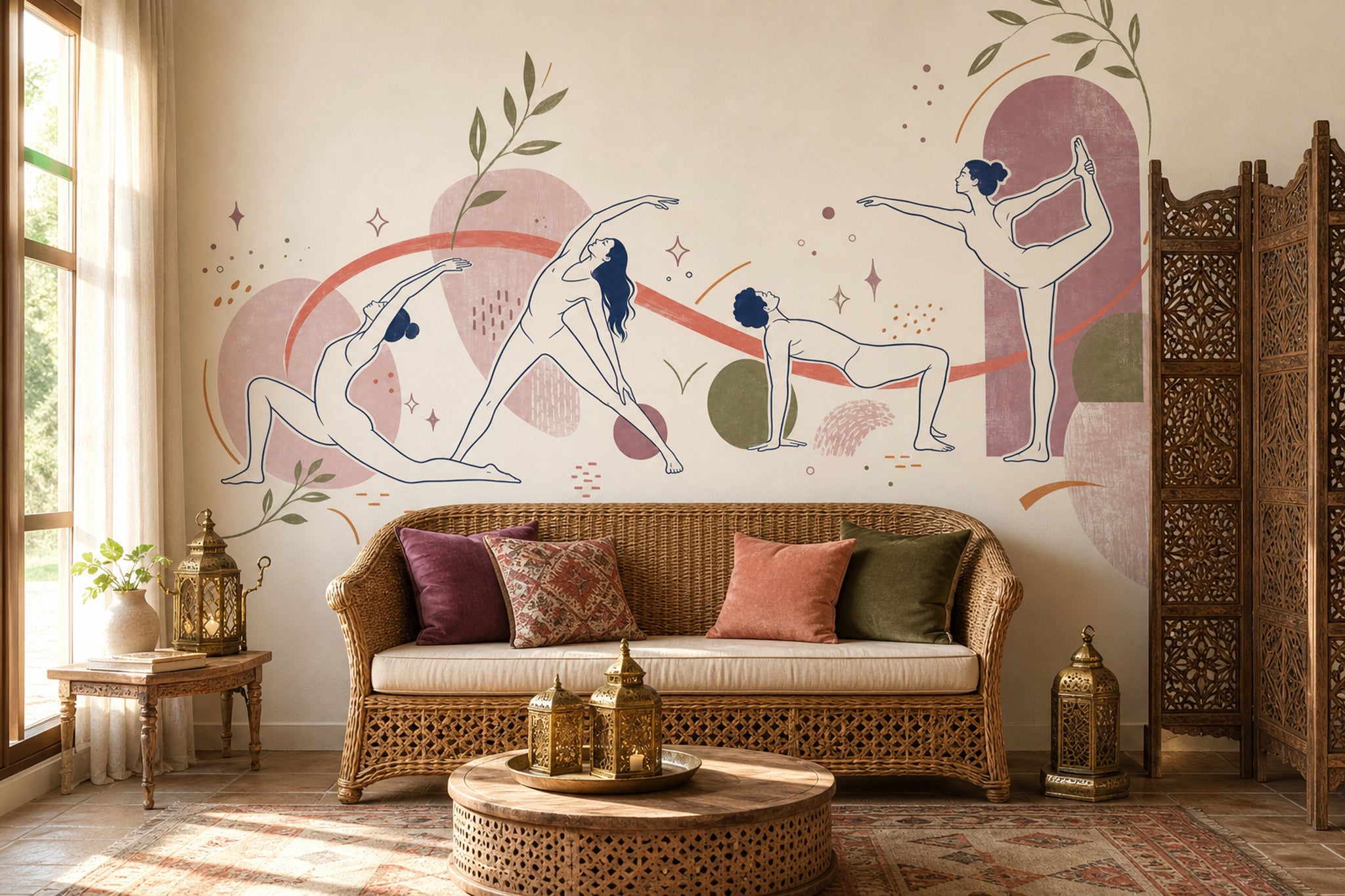 Yoga Wallpaper Line Art Removable Botanical Wall Decor