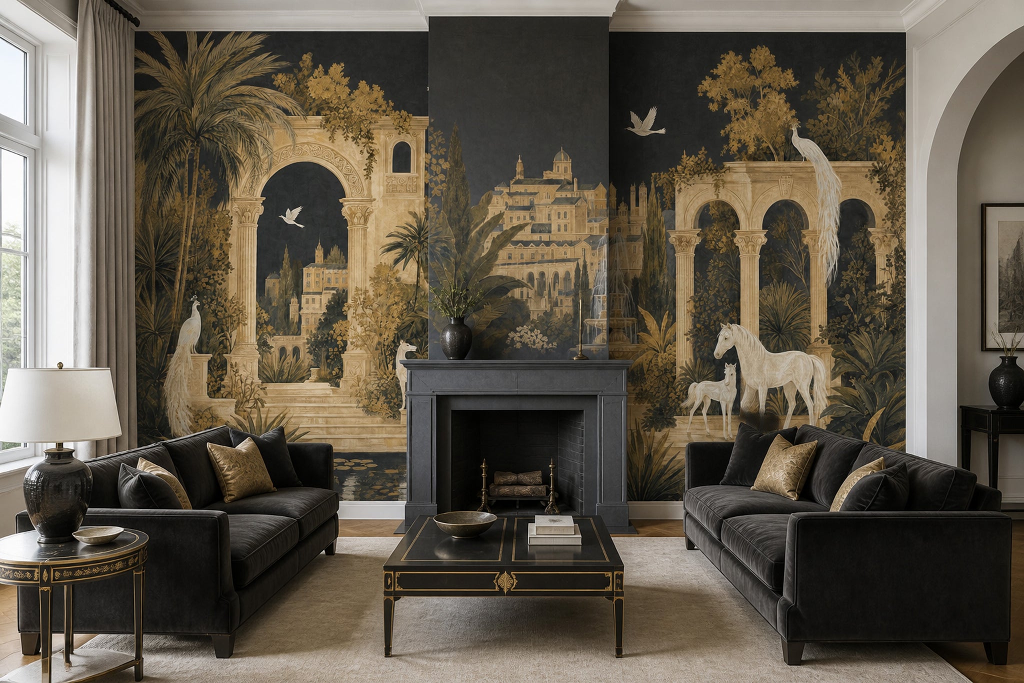 Muted Green Wallpaper Neoclassical Palace Wall Mural
