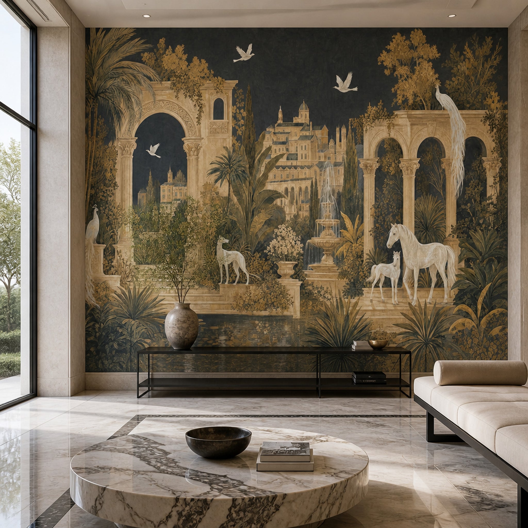 Muted Green Wallpaper Neoclassical Palace Wall Mural
