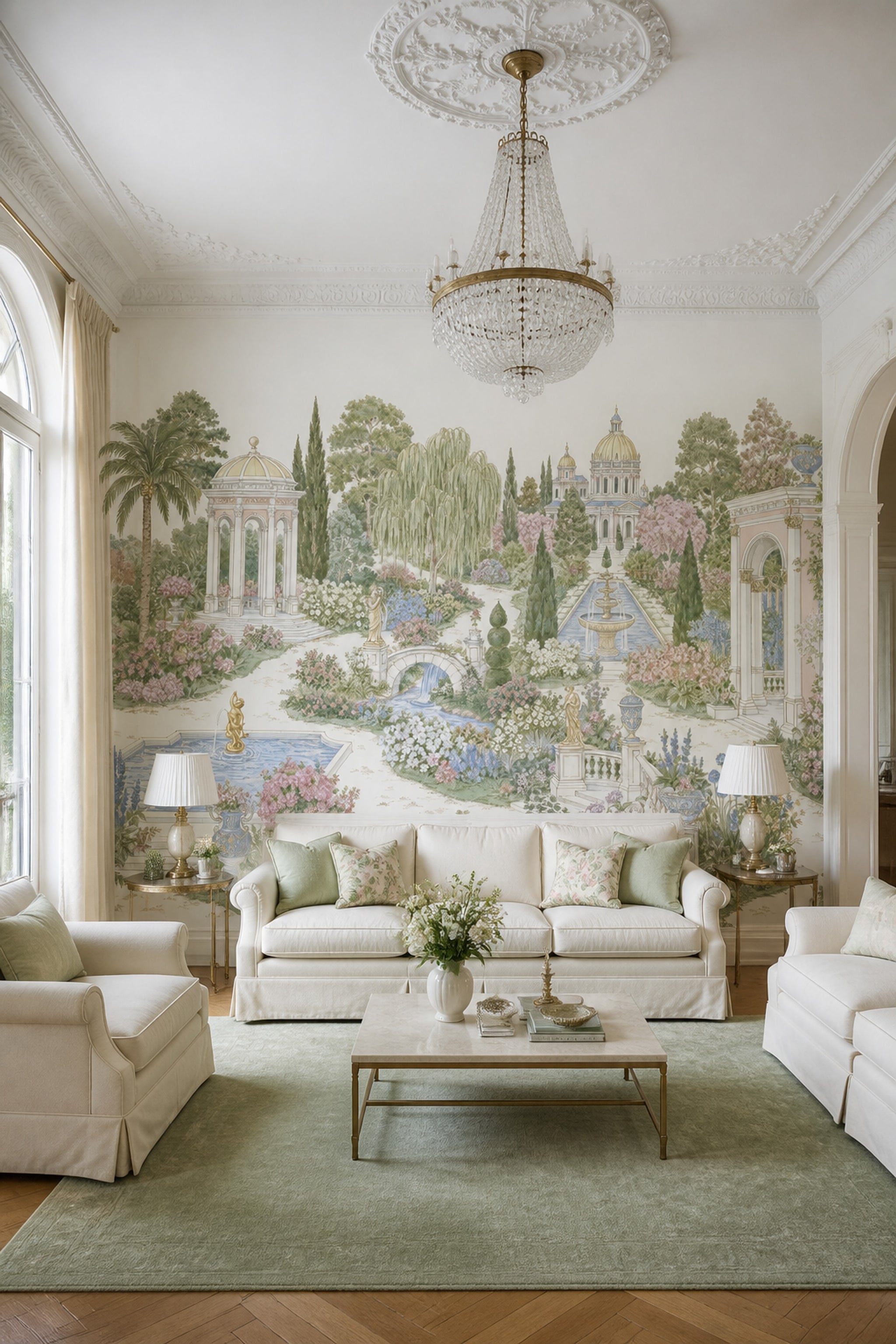 Bright Garden Wallpaper Italian Landscape Removable Classical Architecture Wall Decor