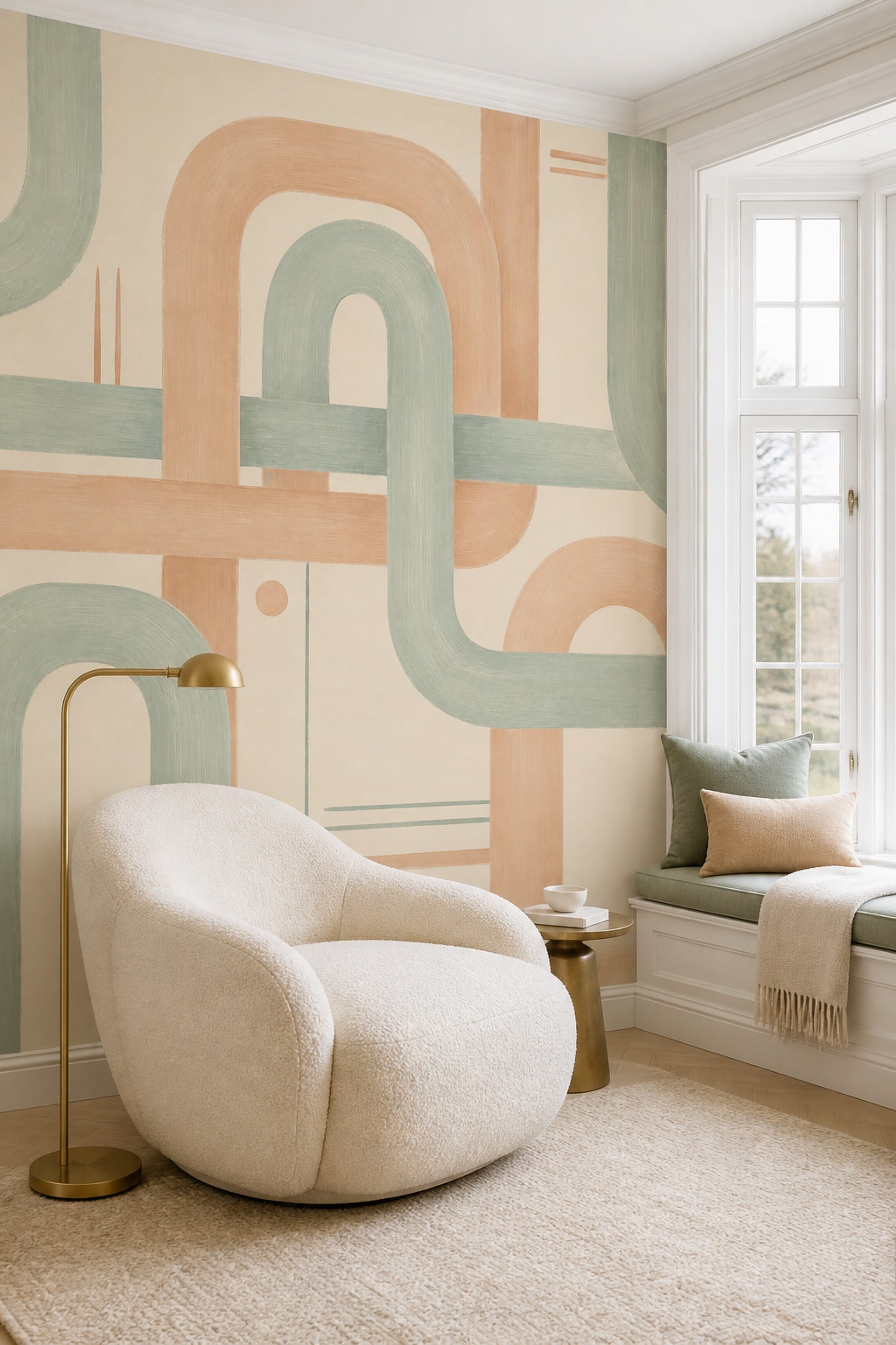 Abstract Geometric Wallpaper Rounded Arches Sage Green Wall Mural