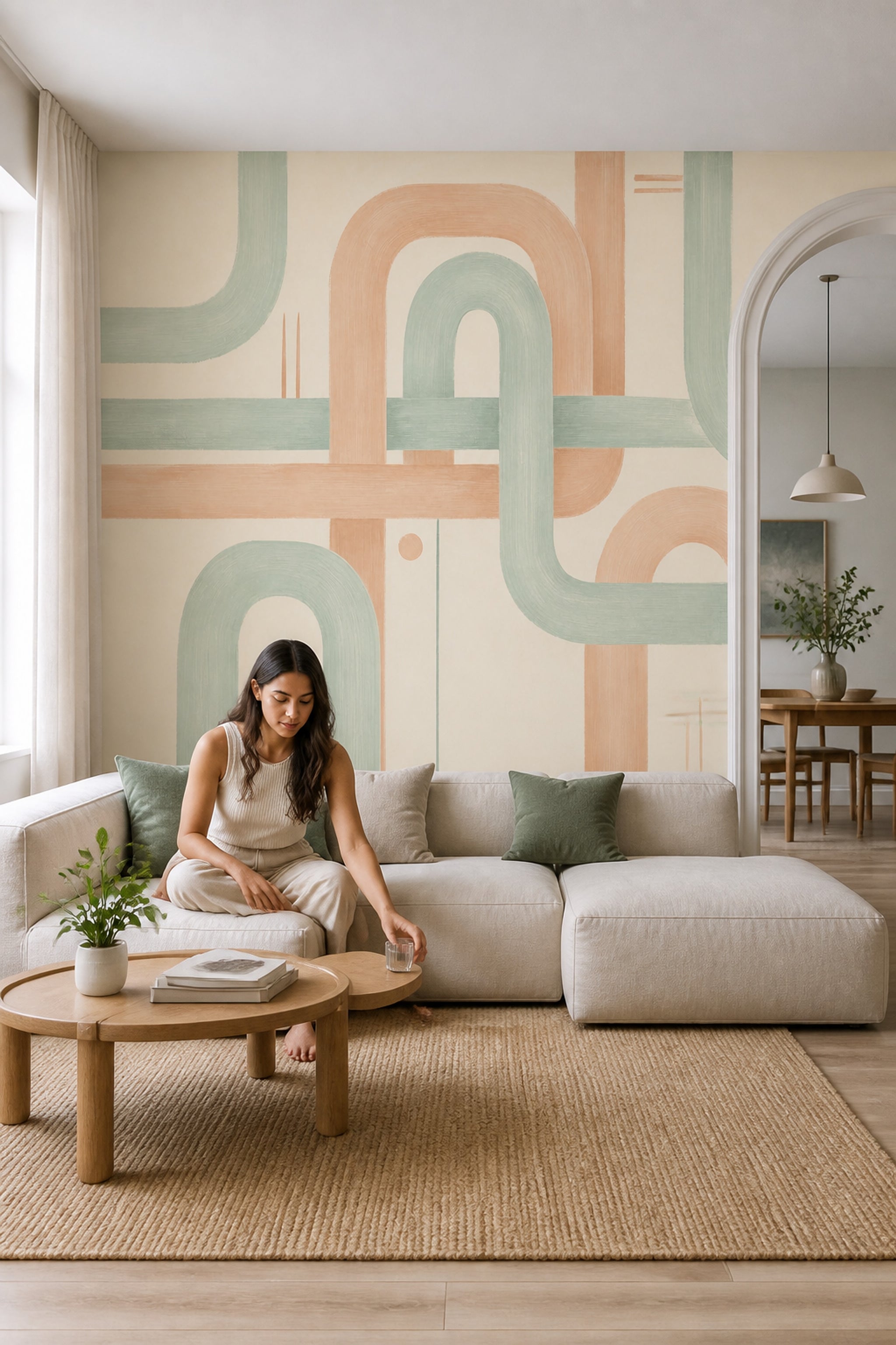Abstract Geometric Wallpaper Rounded Arches Sage Green Wall Mural