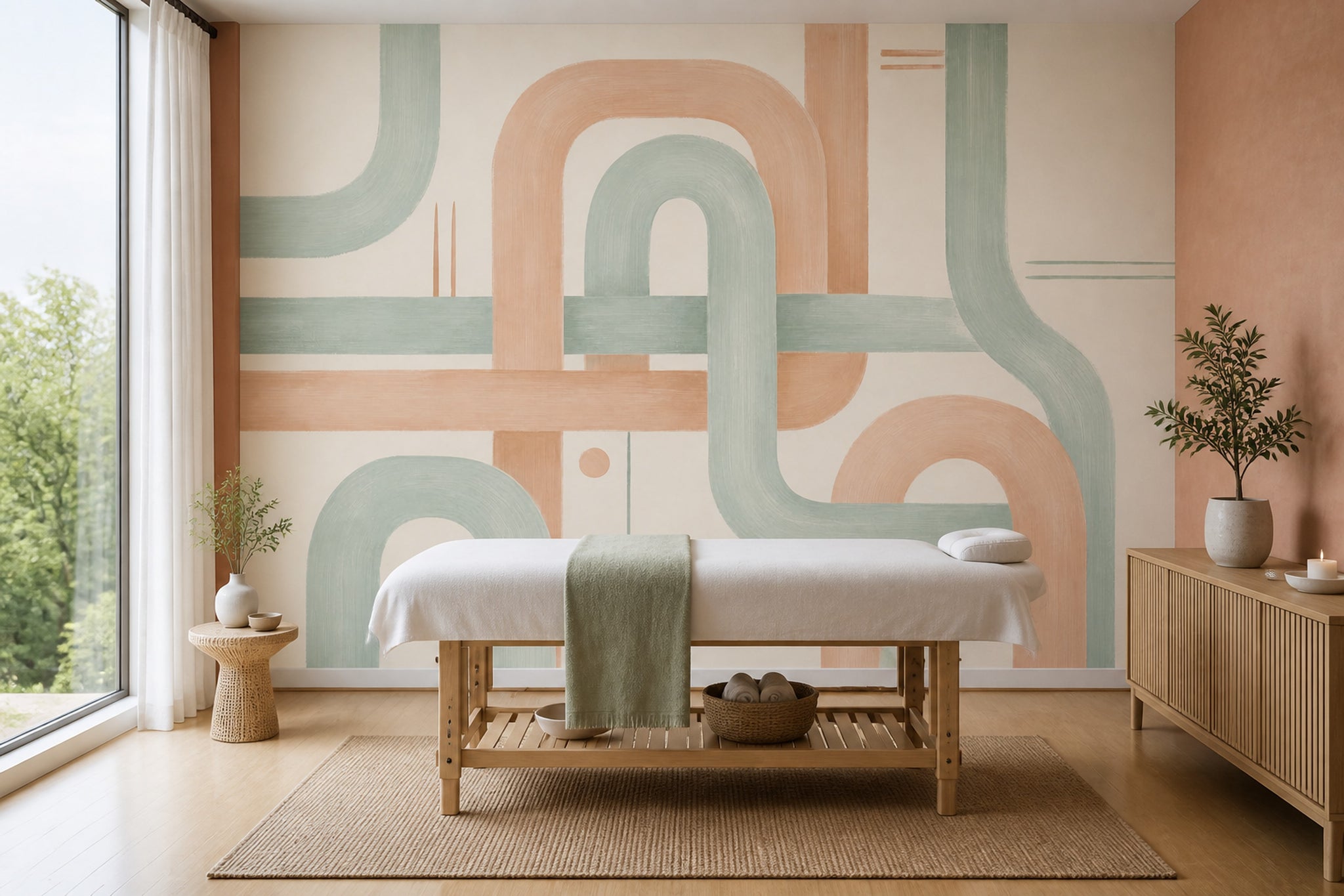 Abstract Geometric Wallpaper Rounded Arches Sage Green Wall Mural