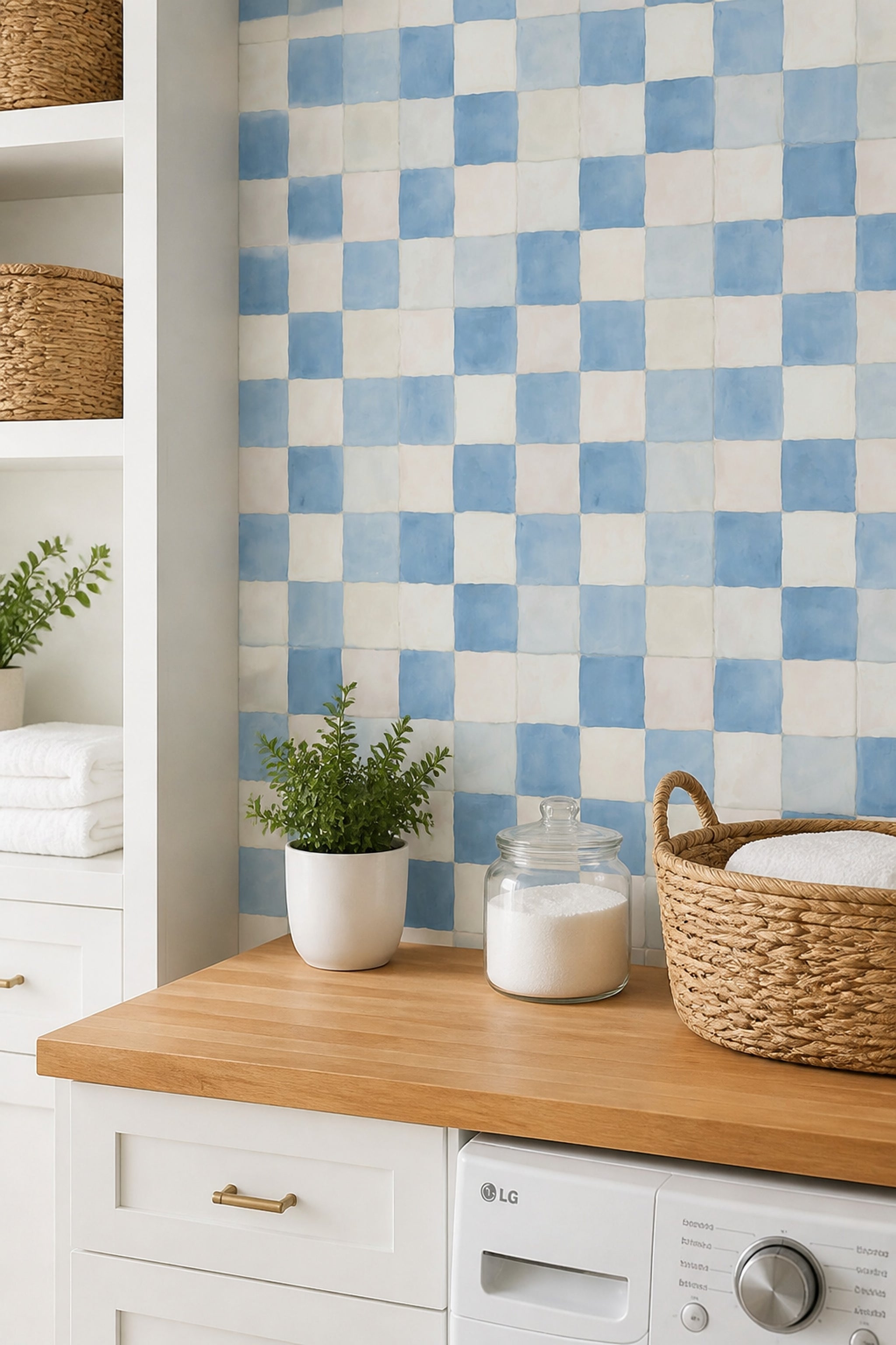 Blue Checkered Wallpaper Watercolor Squares Geometric Grid Decorative Mural