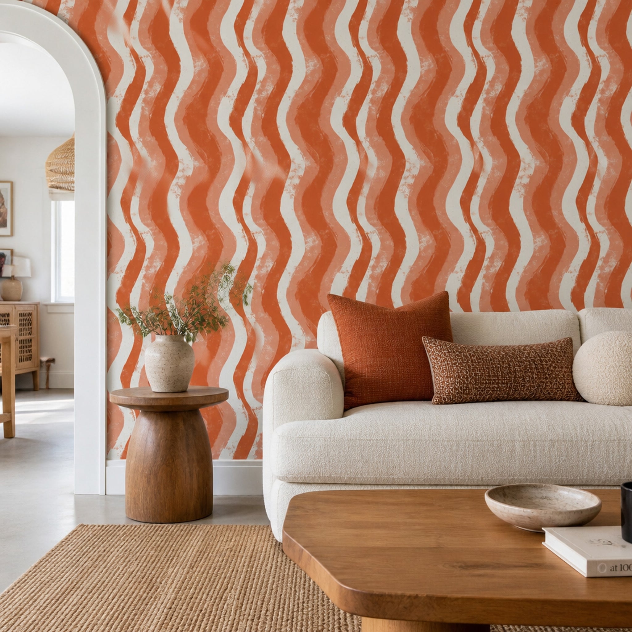 Abstract Wallpaper Wavy Stripes Removable Terracotta Wall Double Roll