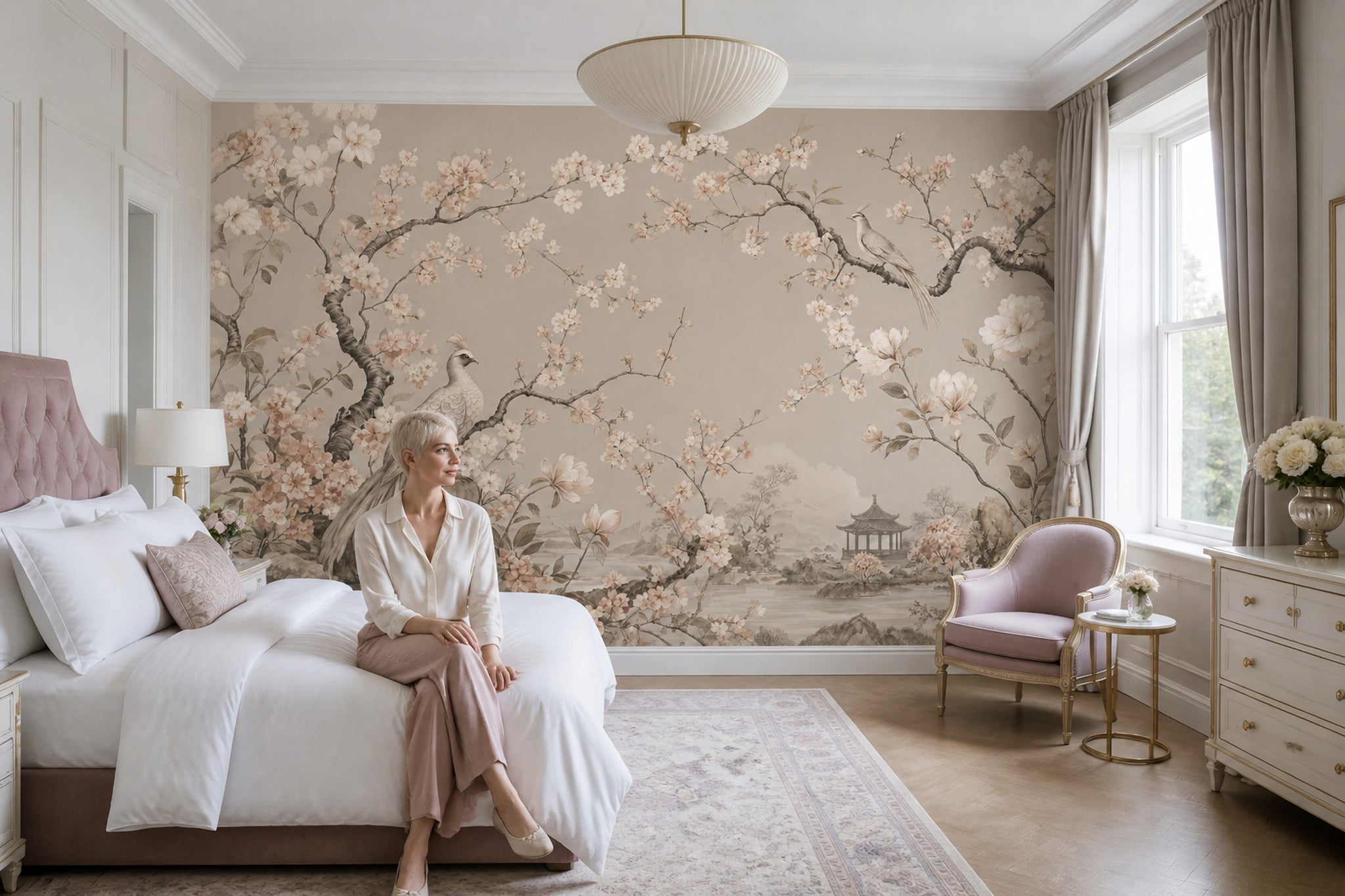 Chinoiserie Wallpaper Floral Landscape Removable Wall Decor
