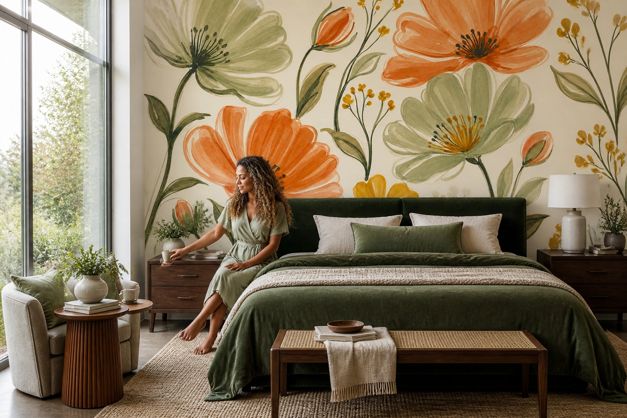 Terracotta Flowers Wallpaper Watercolor Botanical Wall Mural