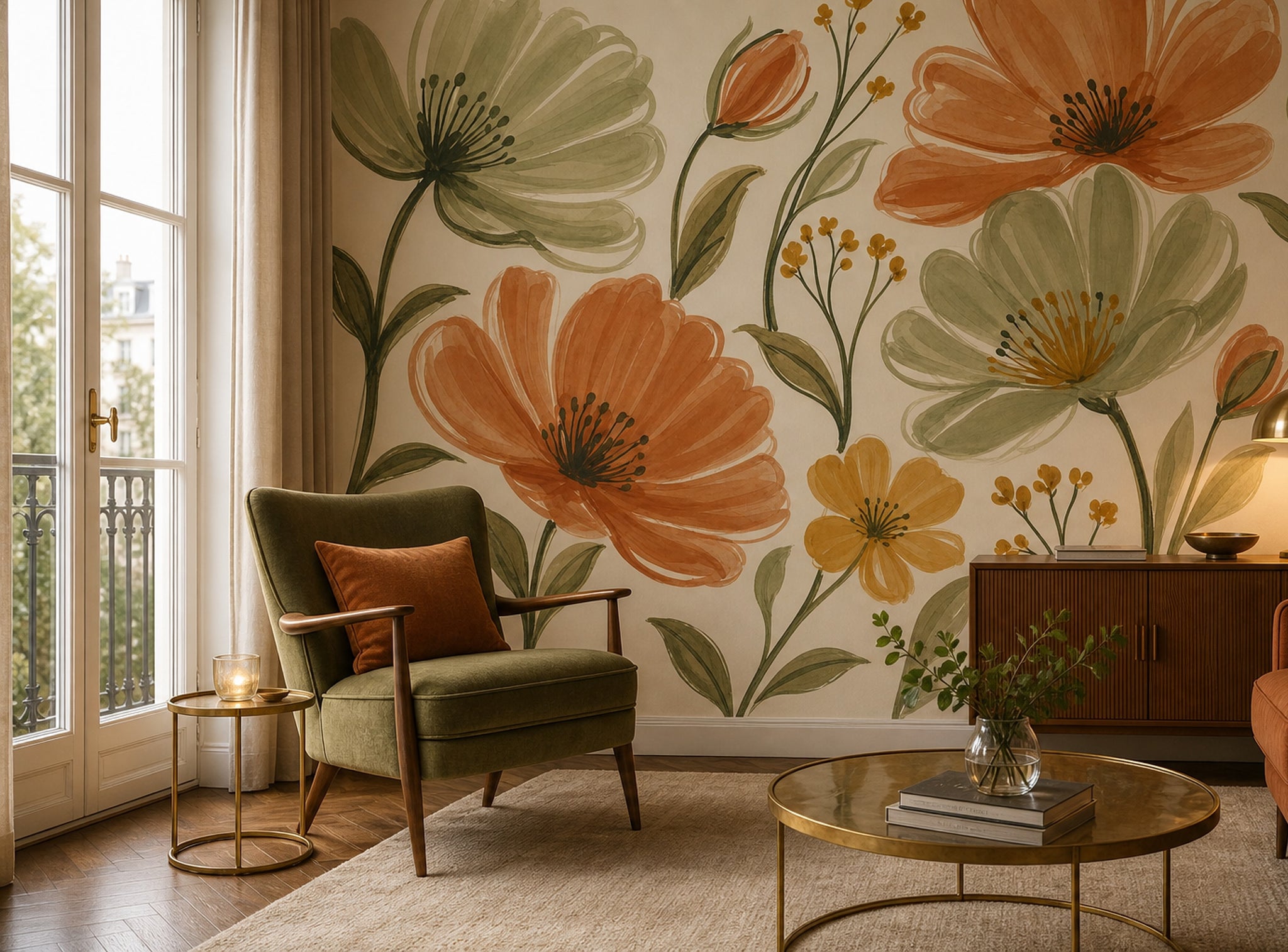 Terracotta Flowers Wallpaper Watercolor Botanical Wall Mural