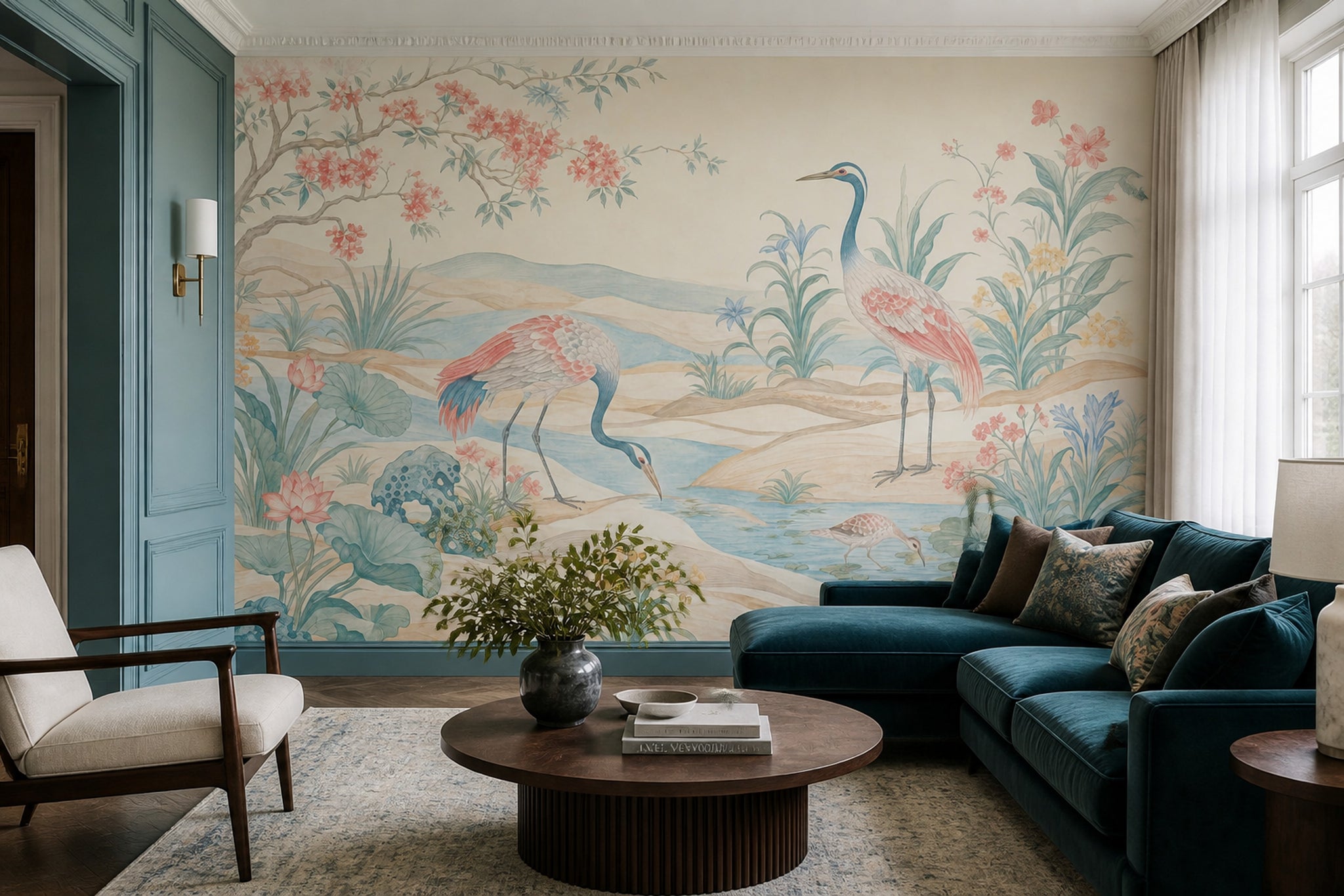 Chinoiserie Wallpaper Cranes Lotus Wall Mural