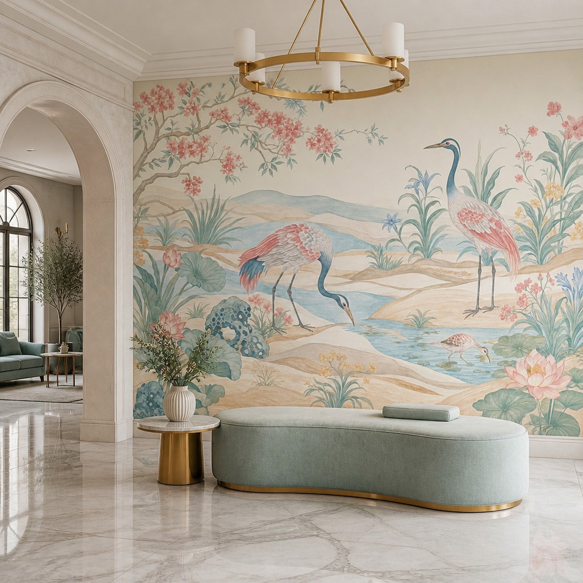Chinoiserie Wallpaper Cranes Lotus Wall Mural