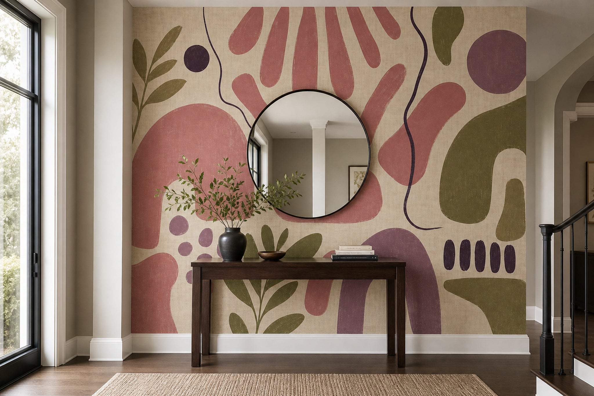 Abstract Botanical Wallpaper Cream Background Organic Shapes Removable Wall Decor