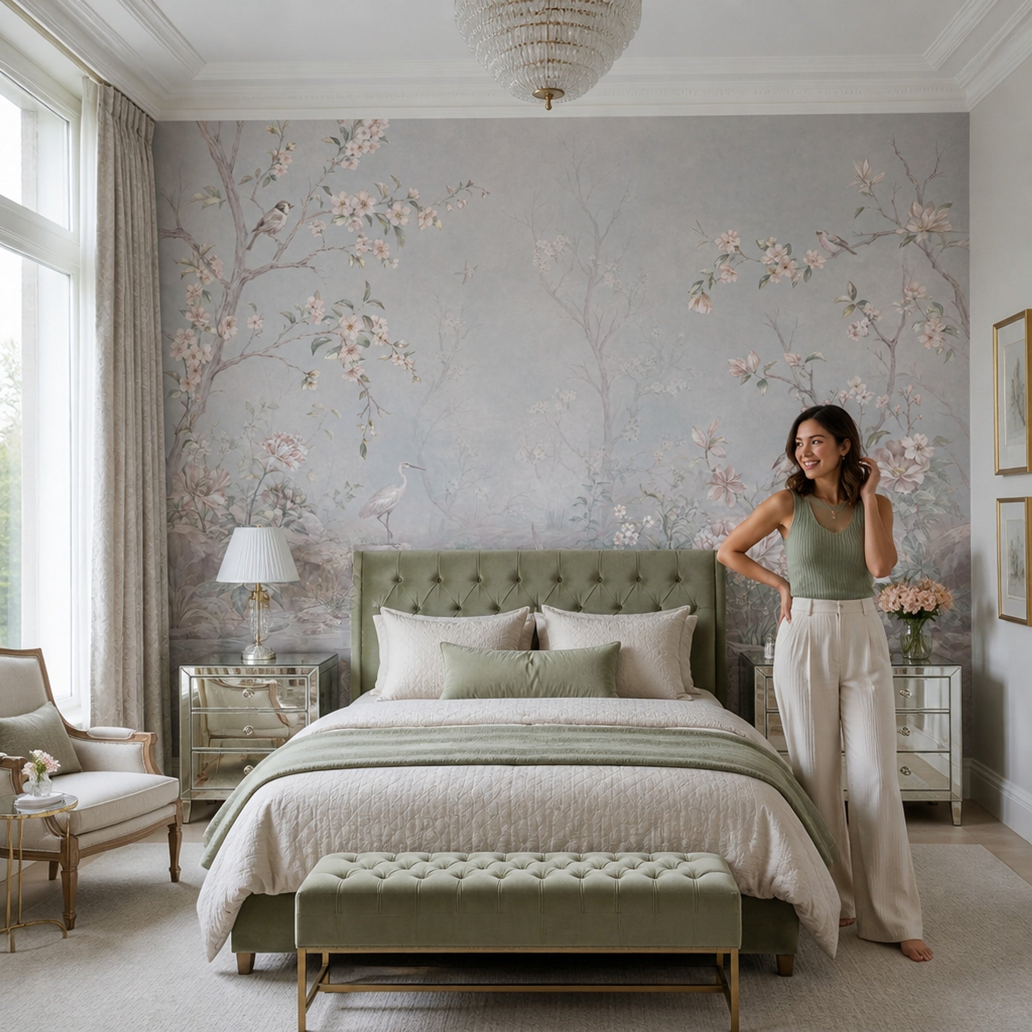Floral Landscape Wallpaper Garden Mural Birds Removable Wall Decor
