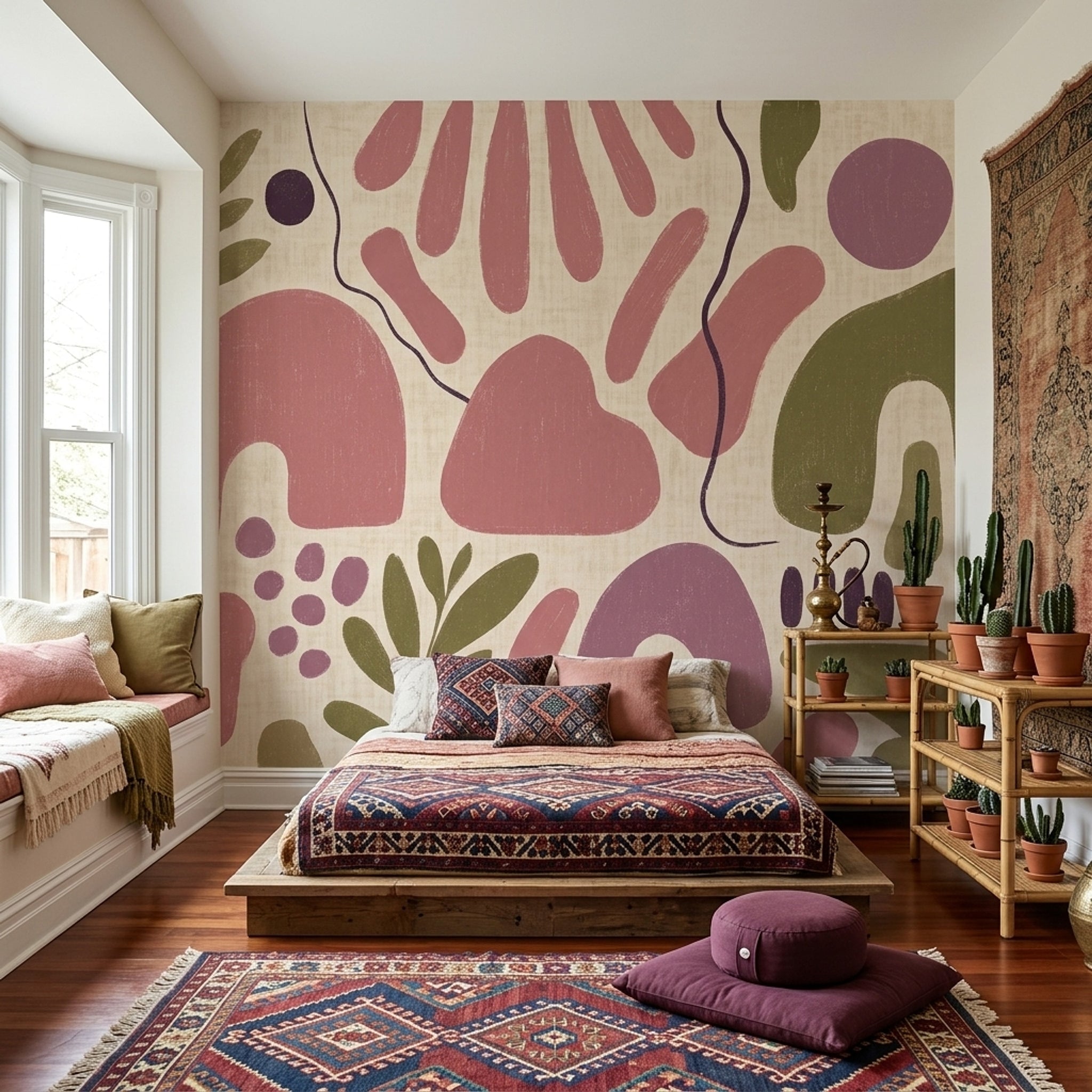 Abstract Botanical Wallpaper Cream Background Organic Shapes Removable Wall Decor