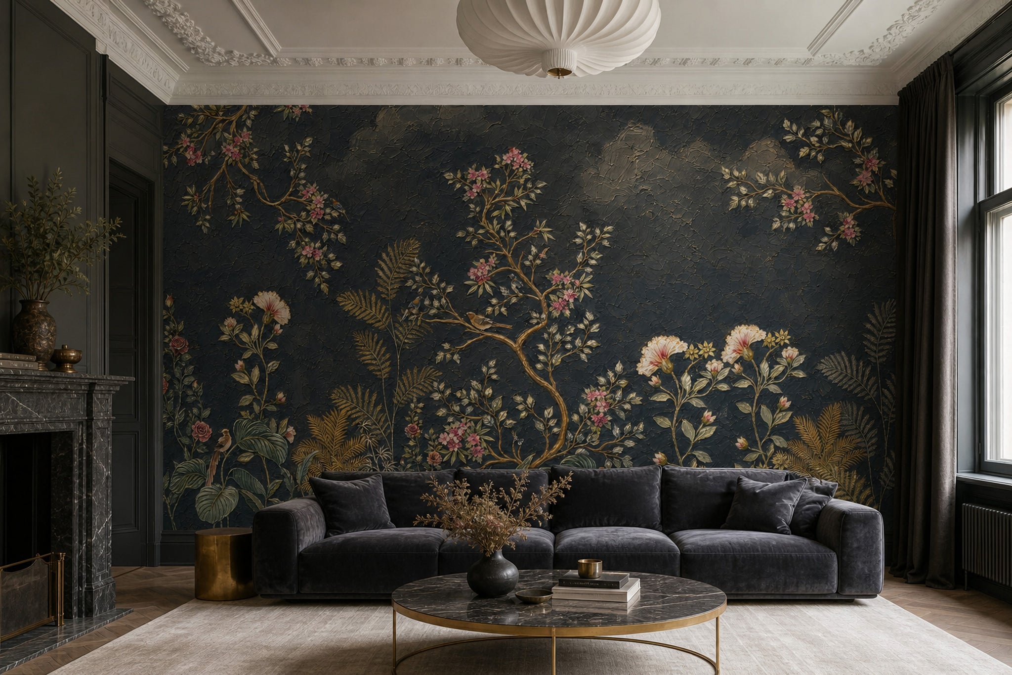 Dark Floral Wallpaper Chinoiserie Removable Botanical Wall Decor