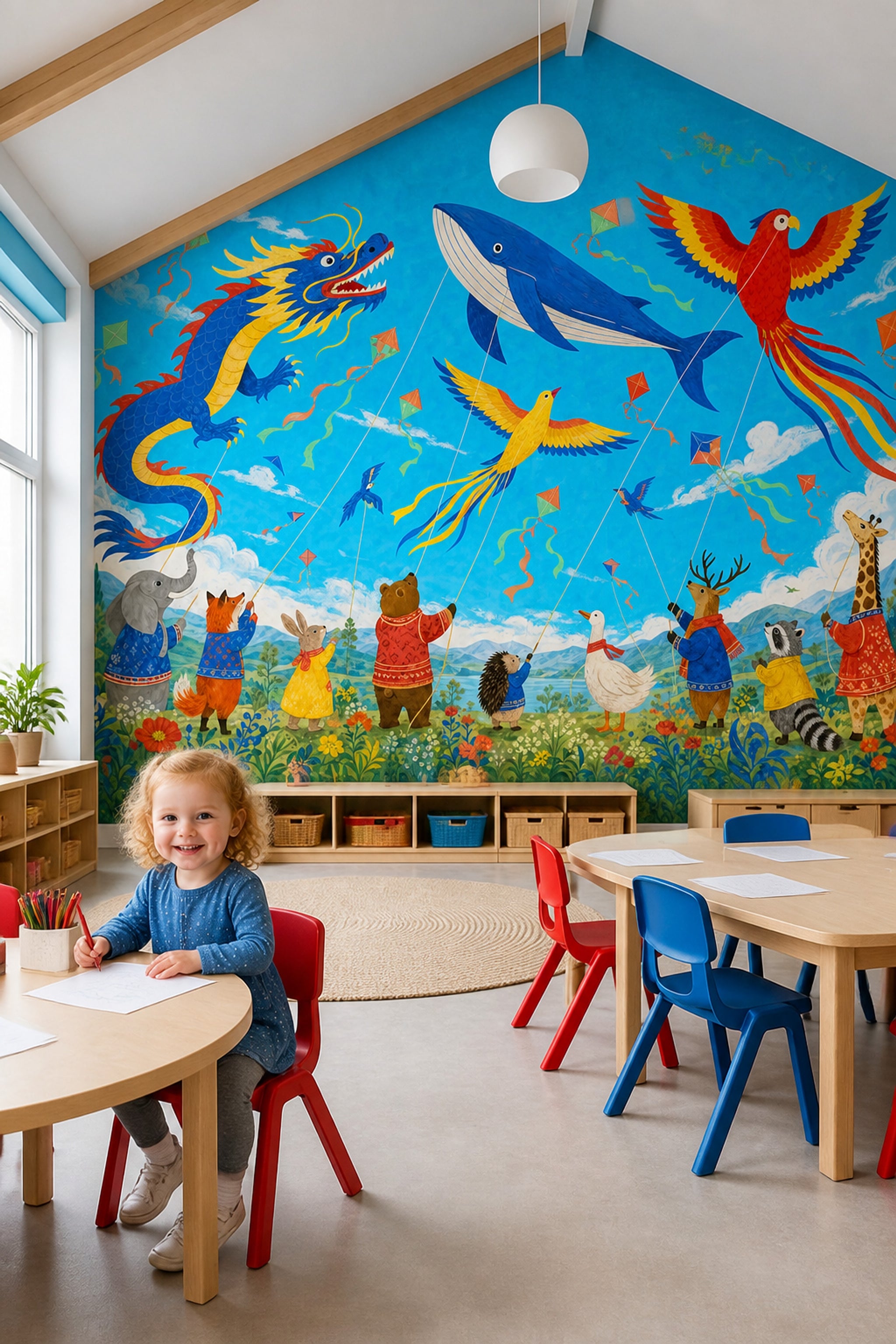Whimsical Animals Wallpaper Kite Festival Dragon Kite Wall Mural