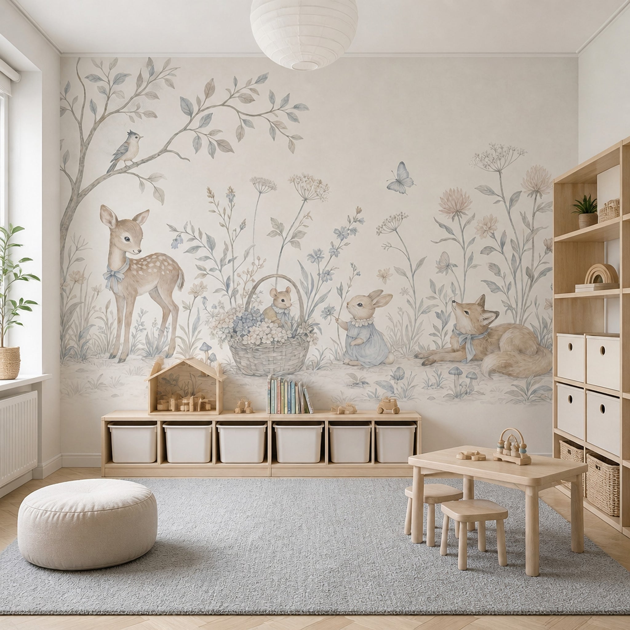 Woodland Animals Wallpaper Floral Meadow Watercolor Wall Mural